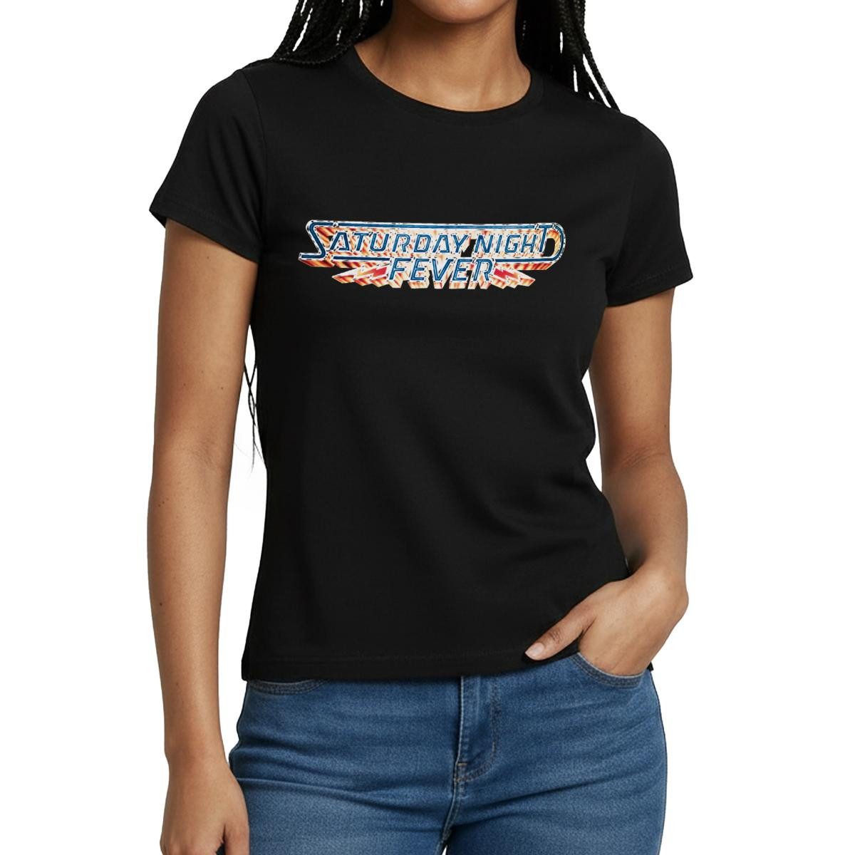 Spreadshirt T-Shirt Saturday Night Fever Film-Logo Mit Blitzen Frauen T-Shirt (1-tlg) Slim Fit, fällt klein aus