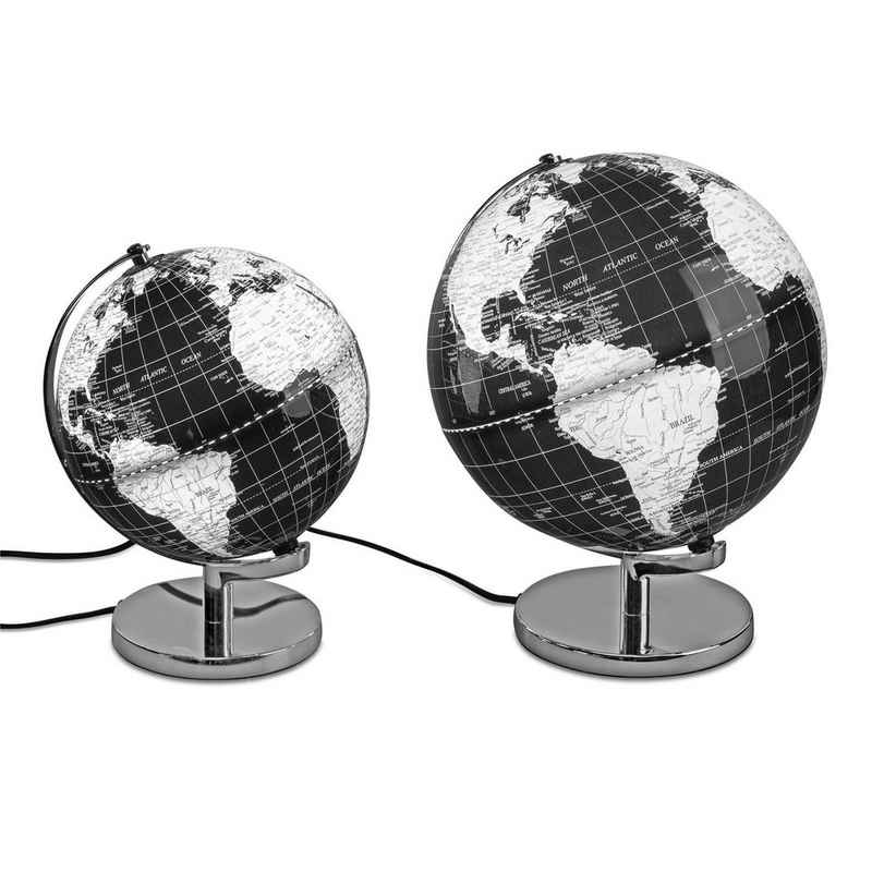 formano Globus Schwarz-Silberner Globus 25 cm mit Licht und Glanz auf Metallsockel, LED