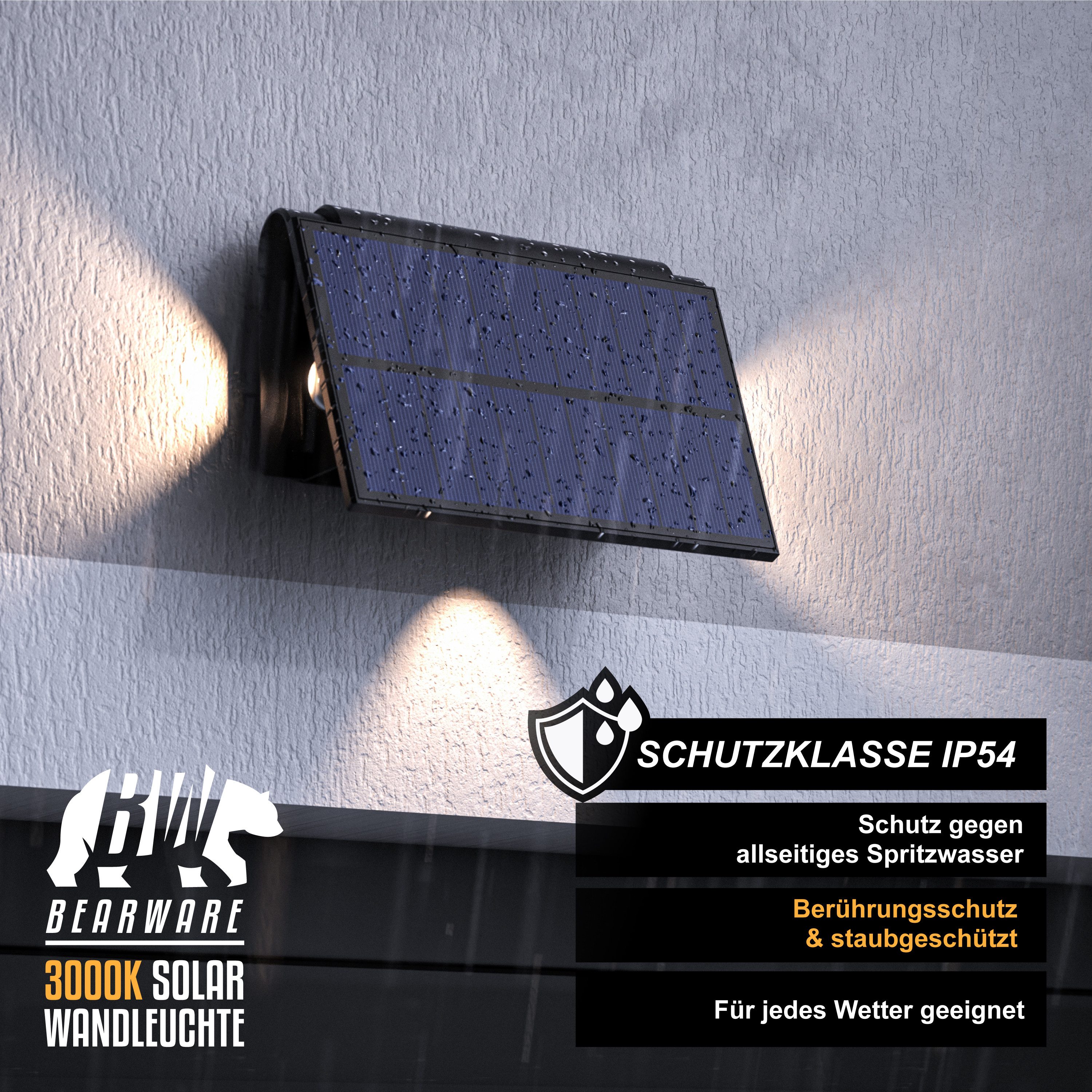 BEARWARE LED Solarleuchte Solar Wandleuchte für außen mit Akku & ohne Stromanschluss Wasserdicht, Ein-/Ausschalter, mehrere Helligkeitsstufen, LED fest verbaut, – Bild 4 von 5