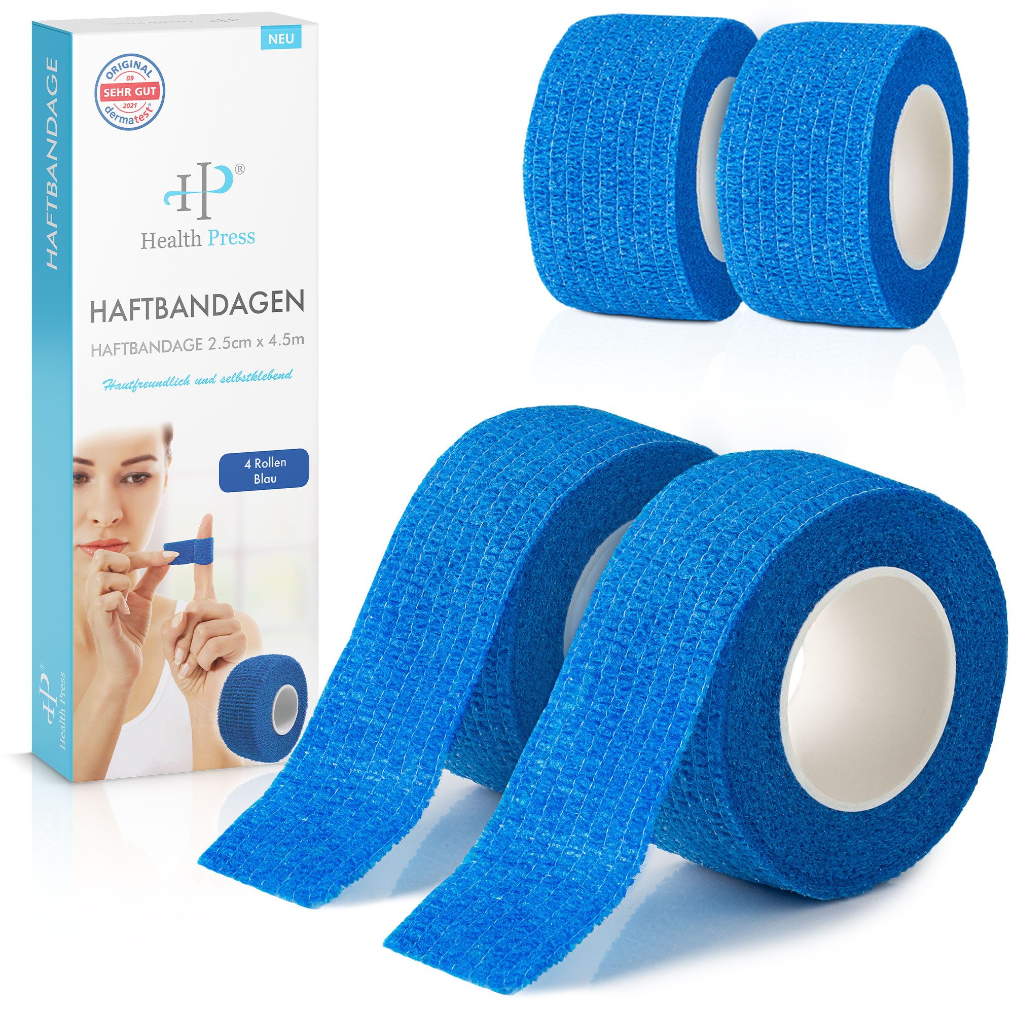 Health Press Bandage Fingerpflaster Selbsthaftend - 4x Pflaster Rolle (2,5cm x 4,5m)