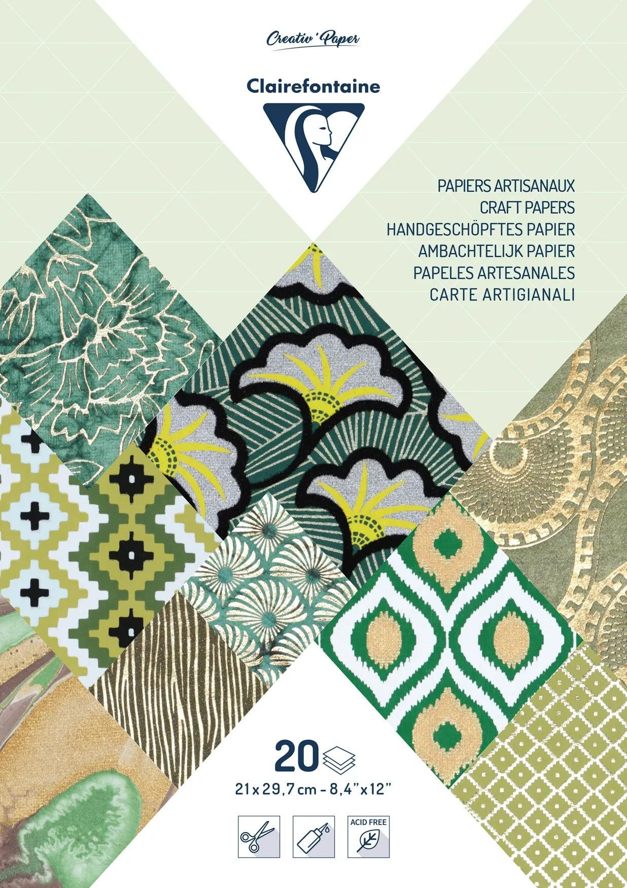 CLAIREFONTAINE Bastelkartonpapier 3x Papiere aus aller Welt, Block geleimt A4, 20 Blatt Grün 95094C, Handgeschöpftes Papier