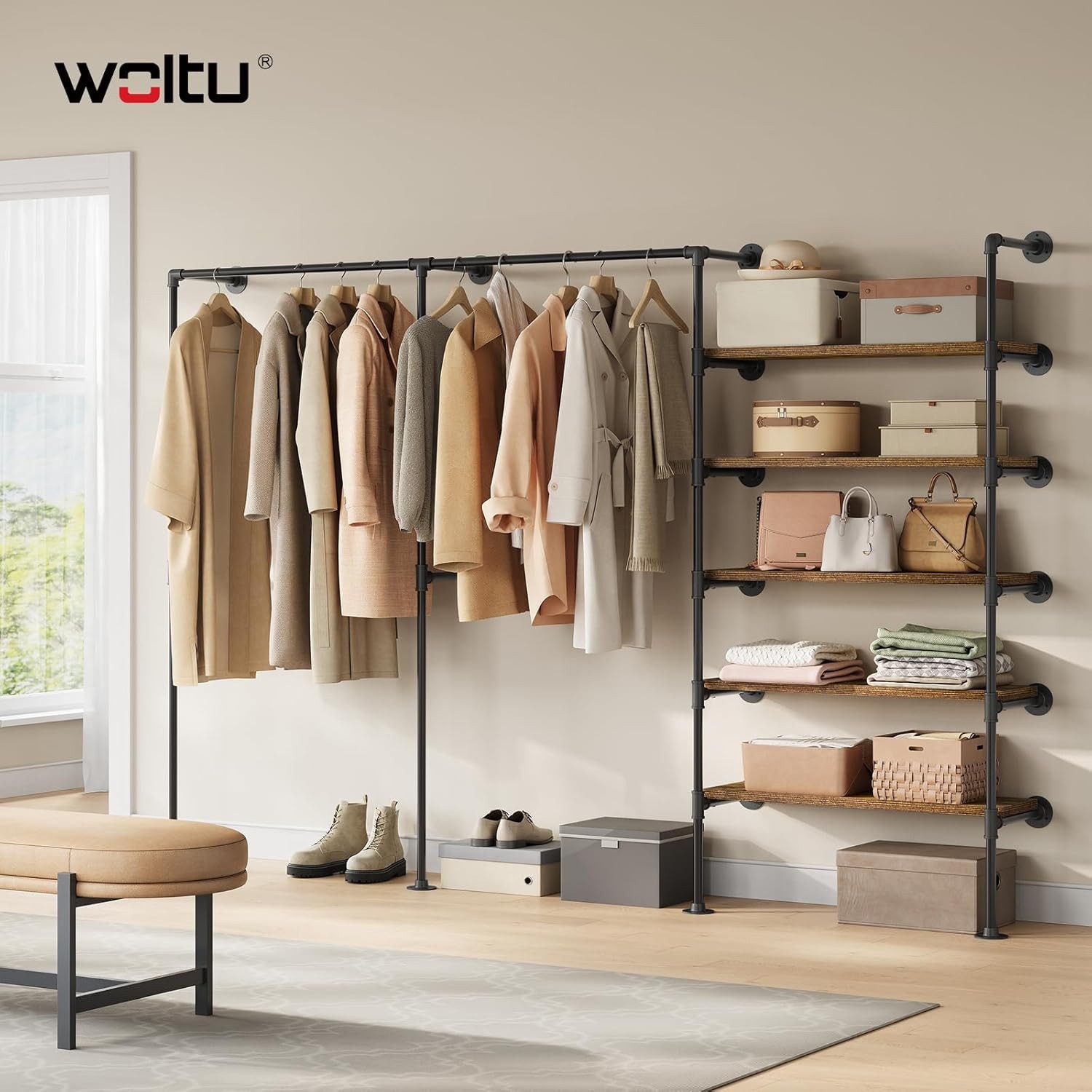 Woltu Kleiderstange, offener Kleiderschrank, mit 5 Ablagen, Wandmontage günstig online kaufen