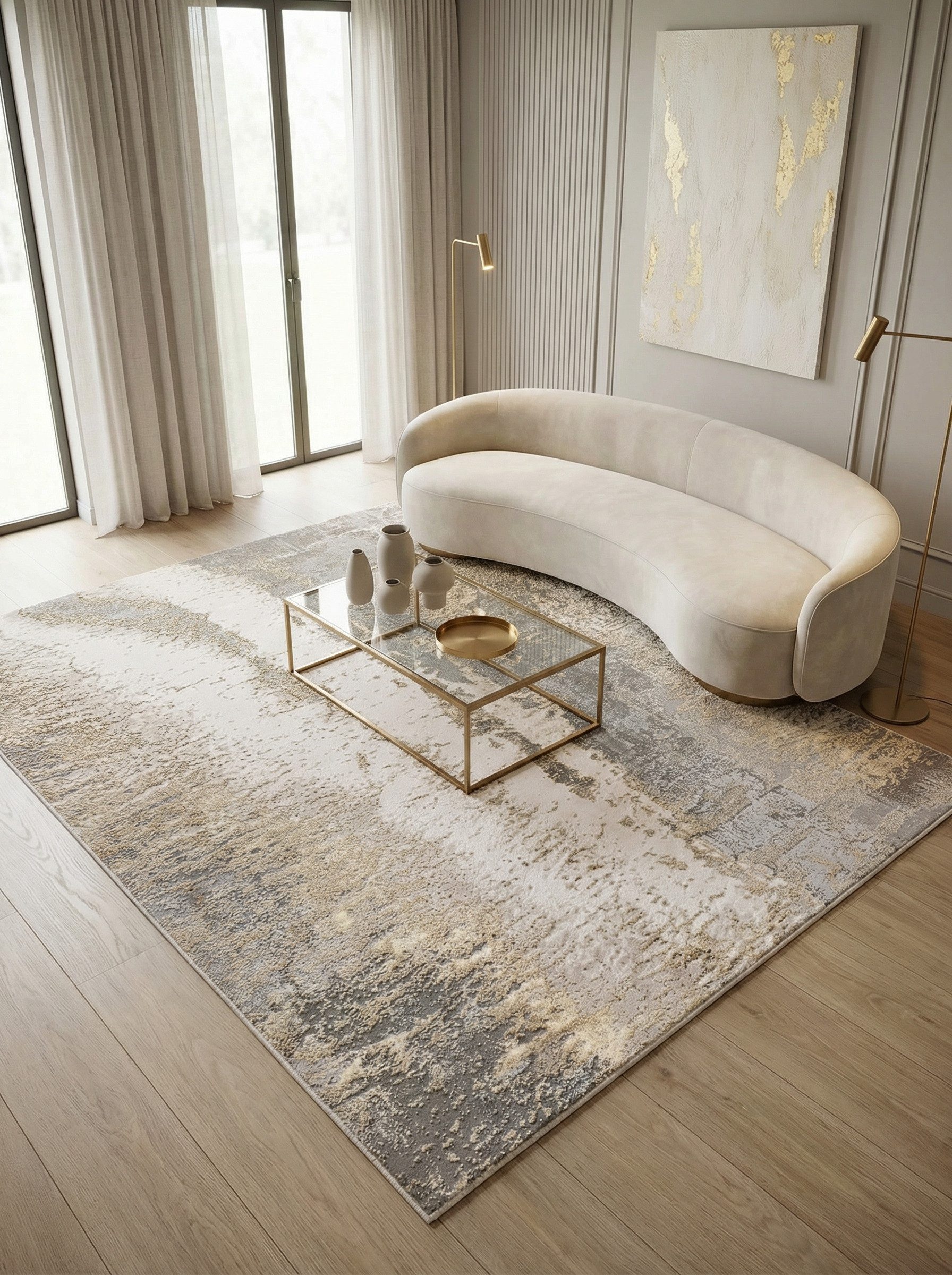 KADIMA DESIGN Teppich Luxus-Marmorteppich, Abstraktes Design, Grau-Silber-Gold, Hochglänzend, Rechteckig, Höhe: 13 mm, Schimmernde Textur, Rutschfeste Rückseite, Pflegeleicht