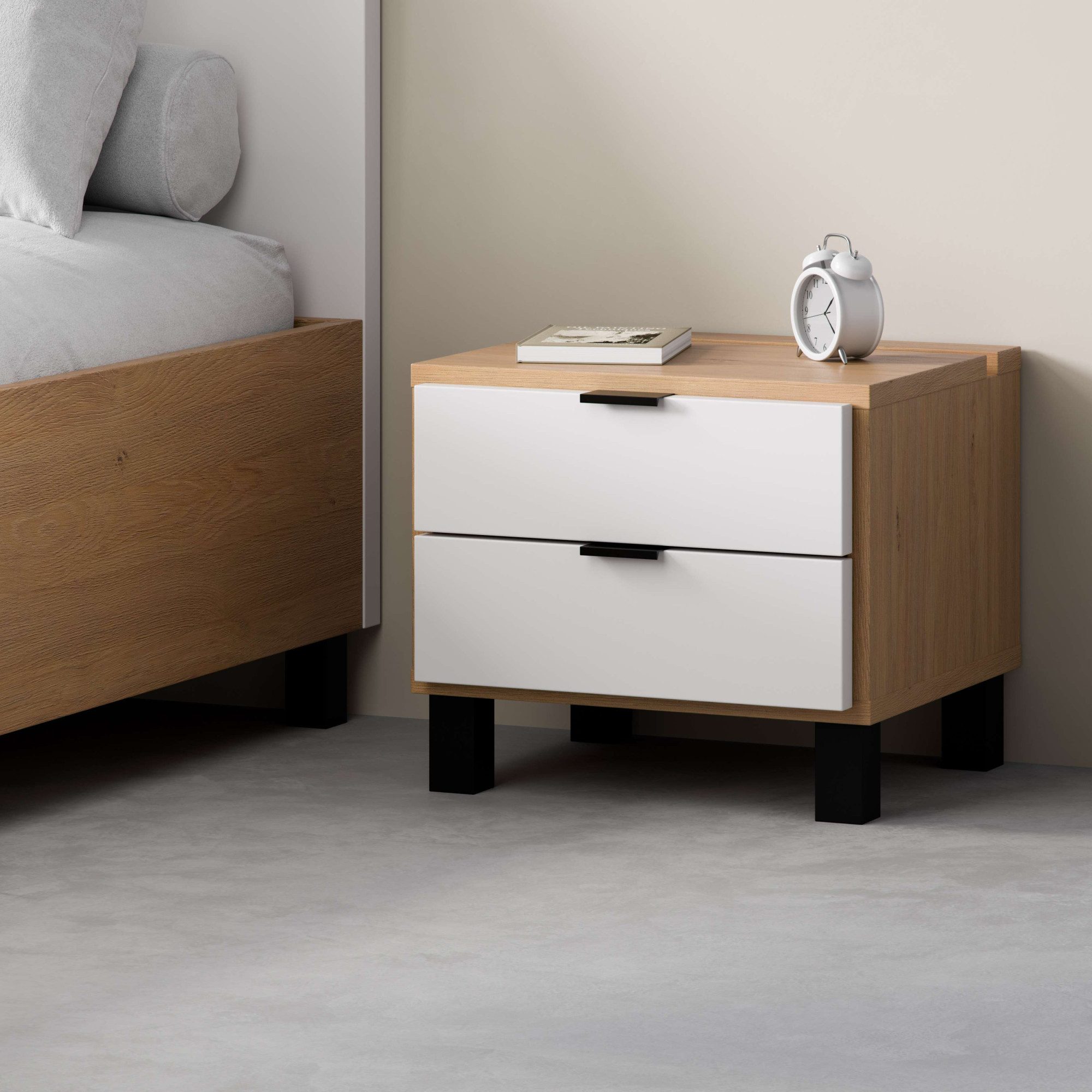 Vox Nachttisch SIMPLE, obere Schublade mit Beleuchtung, 2 Schubladen, Metallgriffe (B/T/H: 45/38/39 cm), Nachtschrank in 3 Farben erhältlich, Metallgriffe
