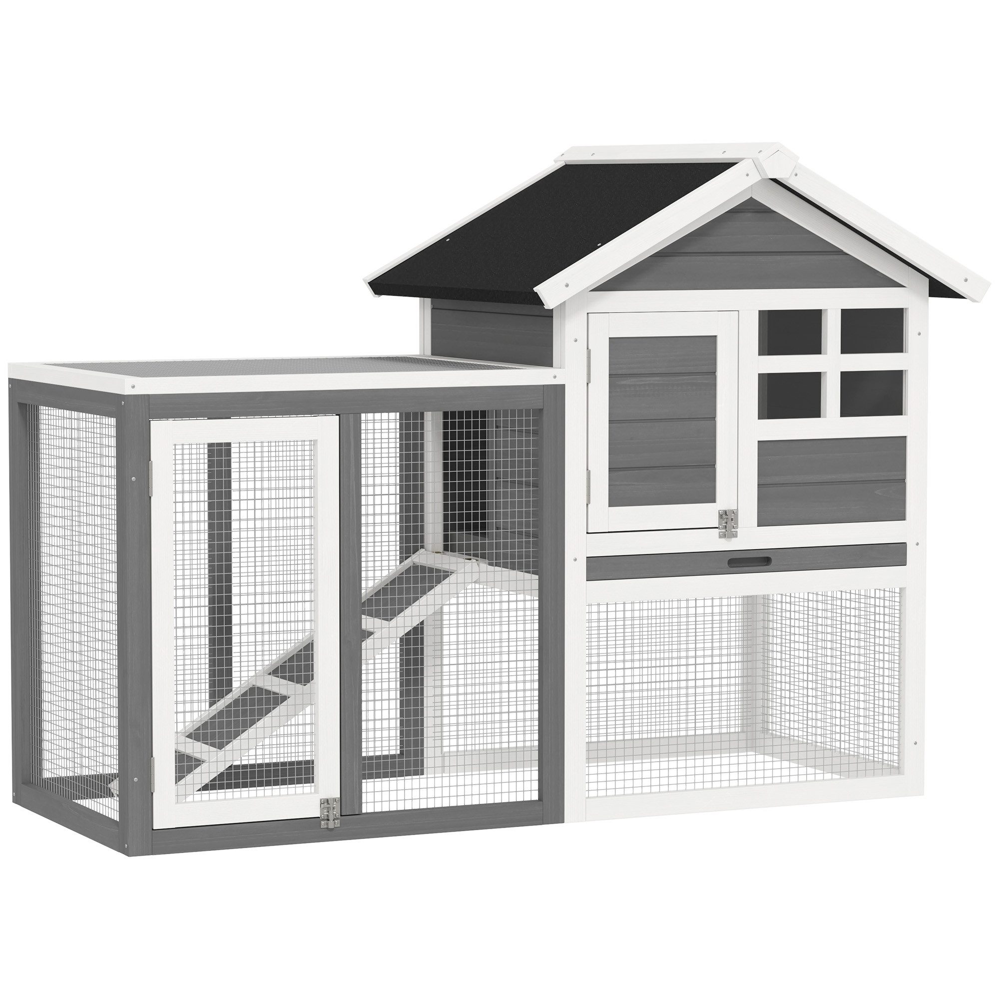 PawHut Kleintierstall Hasenstall 2 Etagen Kaninchenstall aus Holz mit Bitumendach Rampe, für Garten, Grau+Schwarz+Weiß