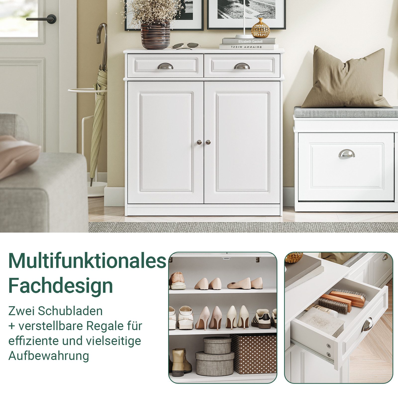 SoBuy Schuhschrank FSB104, Sideboard Küchenschrank Kommode Stauraumschrank, FSC® mit 2 Schubladen, 2 Türen, Flexibel verstellbar, für Wohnzimmer Flur