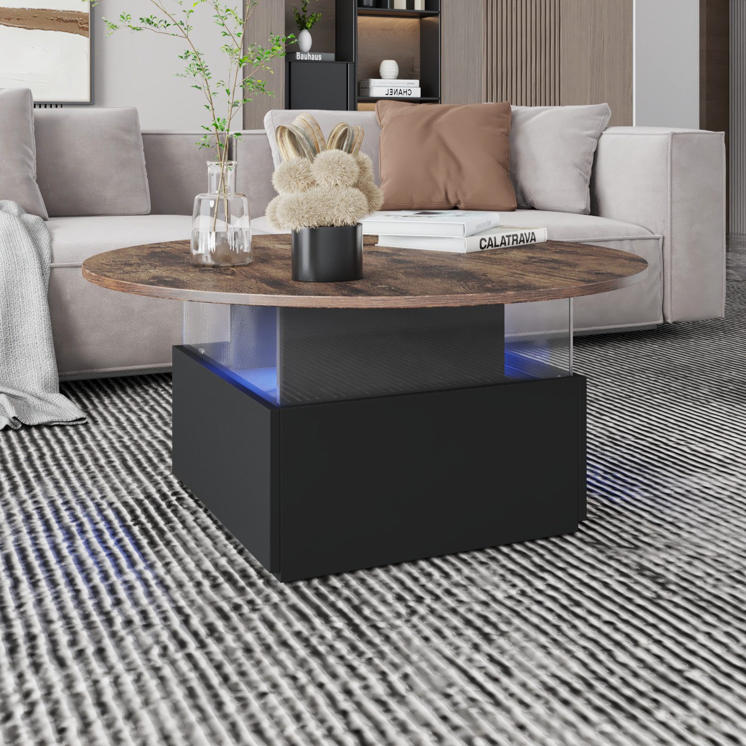 radelldar Couchtisch mit LED-Beleuchtung und 2 Schubladen, Wohnzimmertisch 80x40cm (1-St), Beistelltisch mit runder Platte und extra Ausstellungsfläche