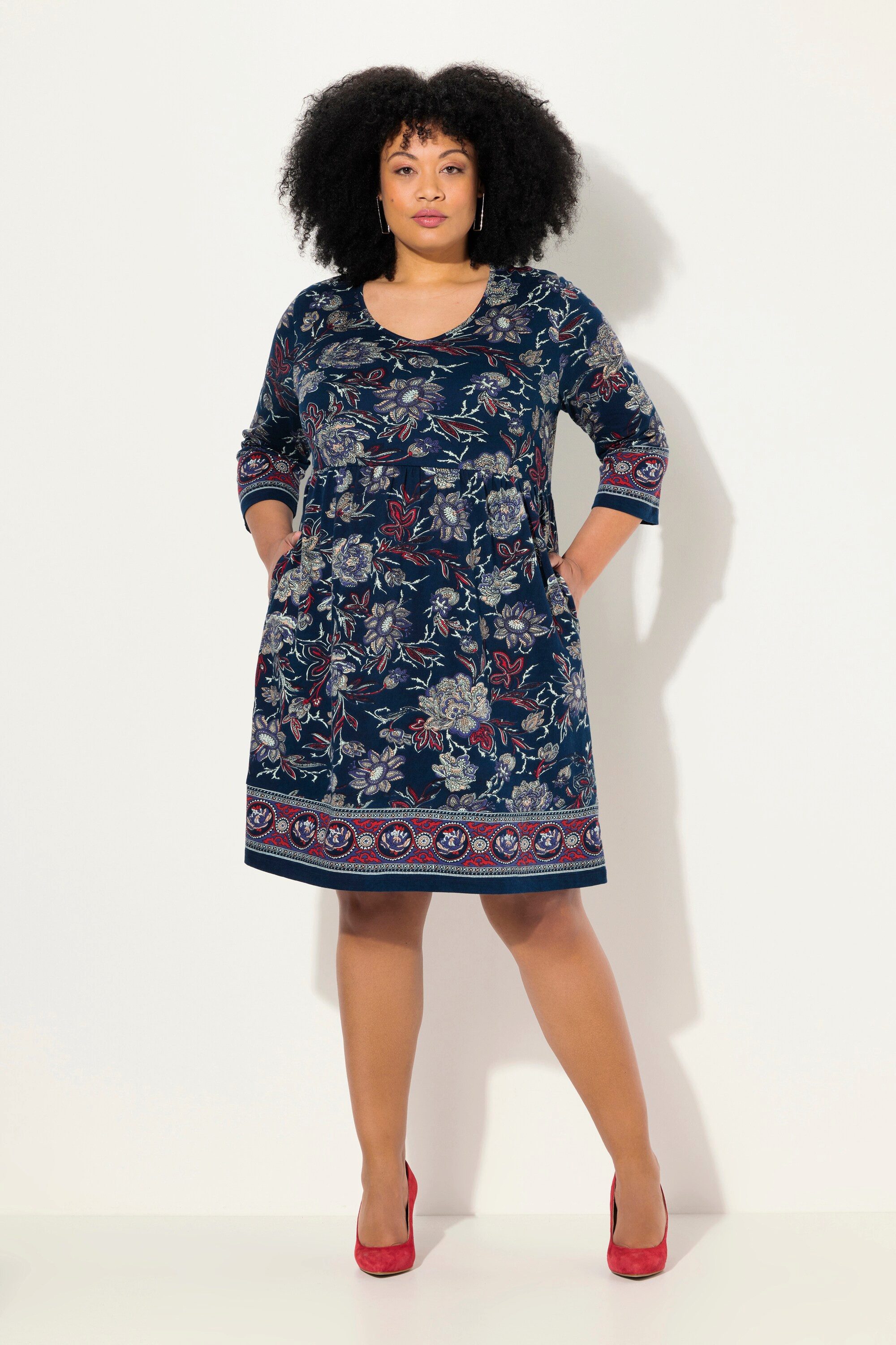 Jerseykleid Jerseykleid Blüten A-Linie V-Ausschnitt 3/4-Arm