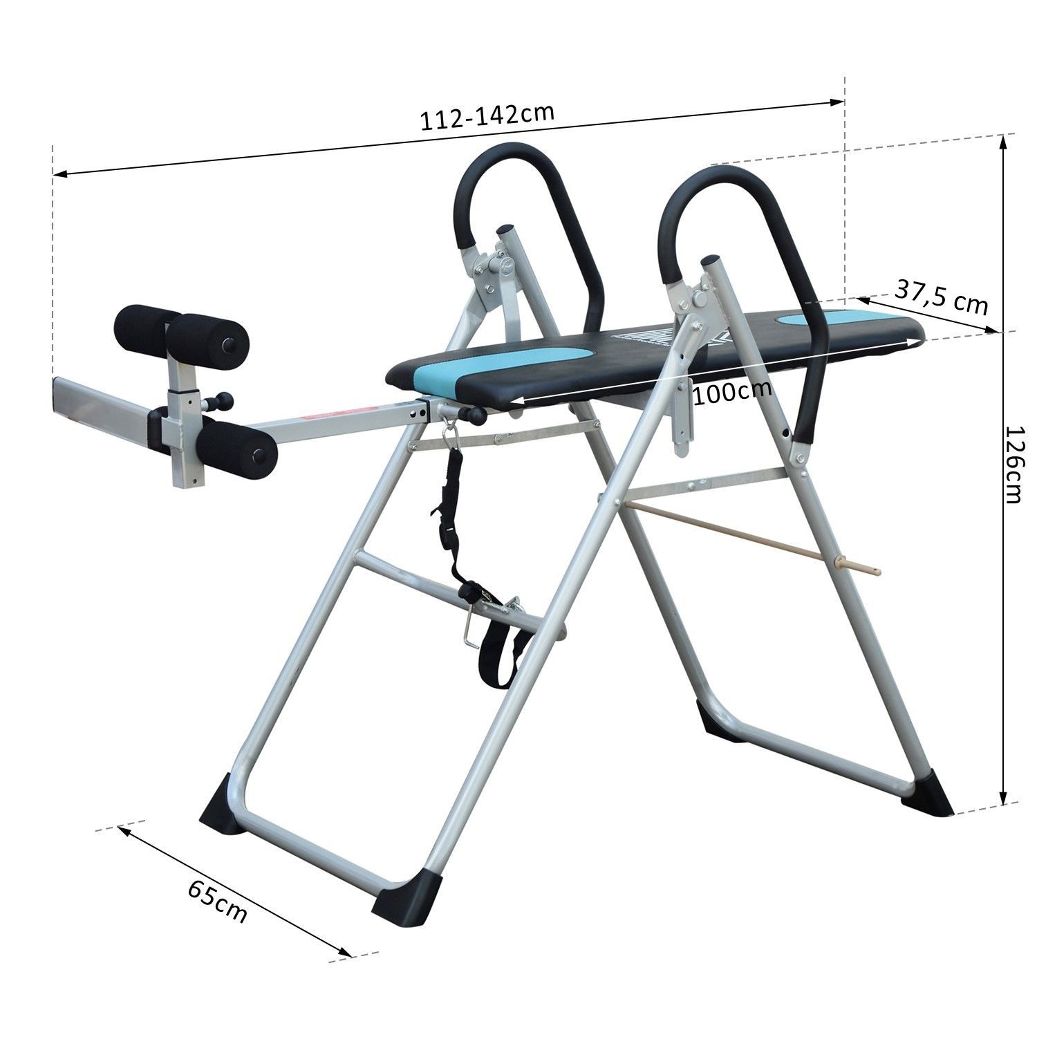 HOMCOM Rückentrainer mit Sicherheitsgurt, verstellber Inversionswinkel, (klappbar Inversionsbank, 1-tlg., Schwerkrafttrainer), zur Entlastung der Wirbelsäule, Rückentrainer unterstützt bis 136kg