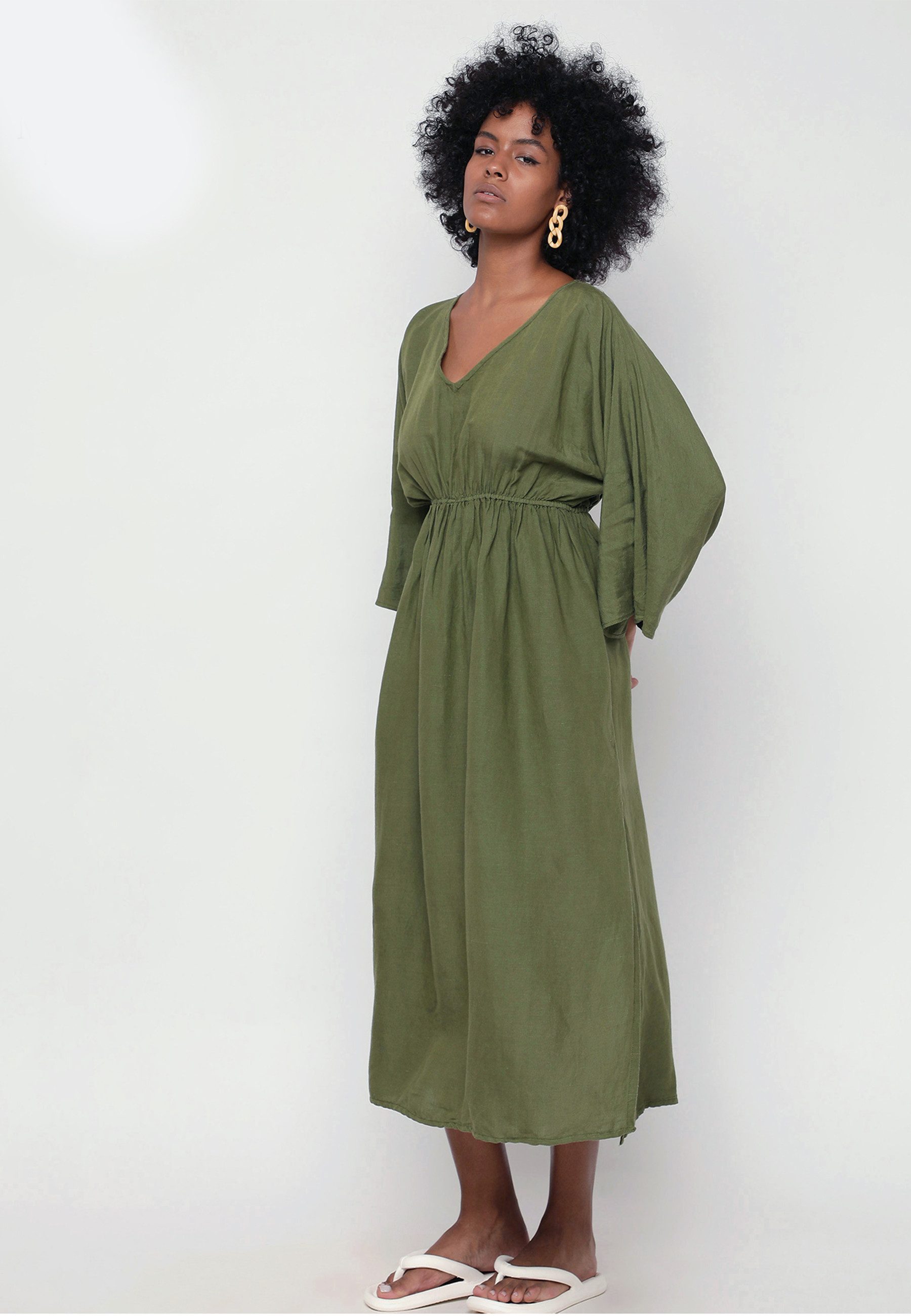 YC Fashion & Style Sommerkleid Damen Leinen mit V-Ausschnitt und Kimono-Ärmeln in Unifarbe