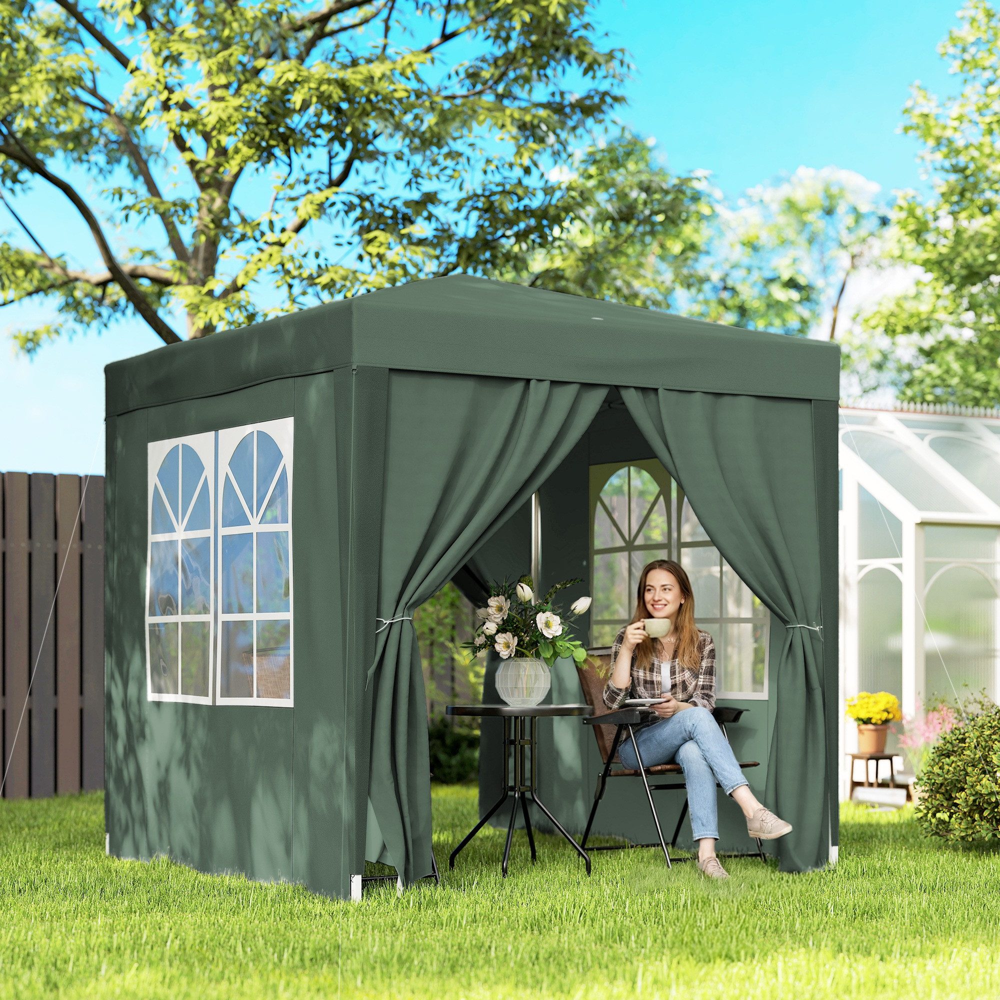 Outsunny Faltpavillon Pavillon mit 4 Seitenwänden, Fenster, Festzelt mit UV-Schutz, mit 4 Seitenteilen, (Gartenzelt, Festzelt), für Garten, Balkon, Dunkelgrün