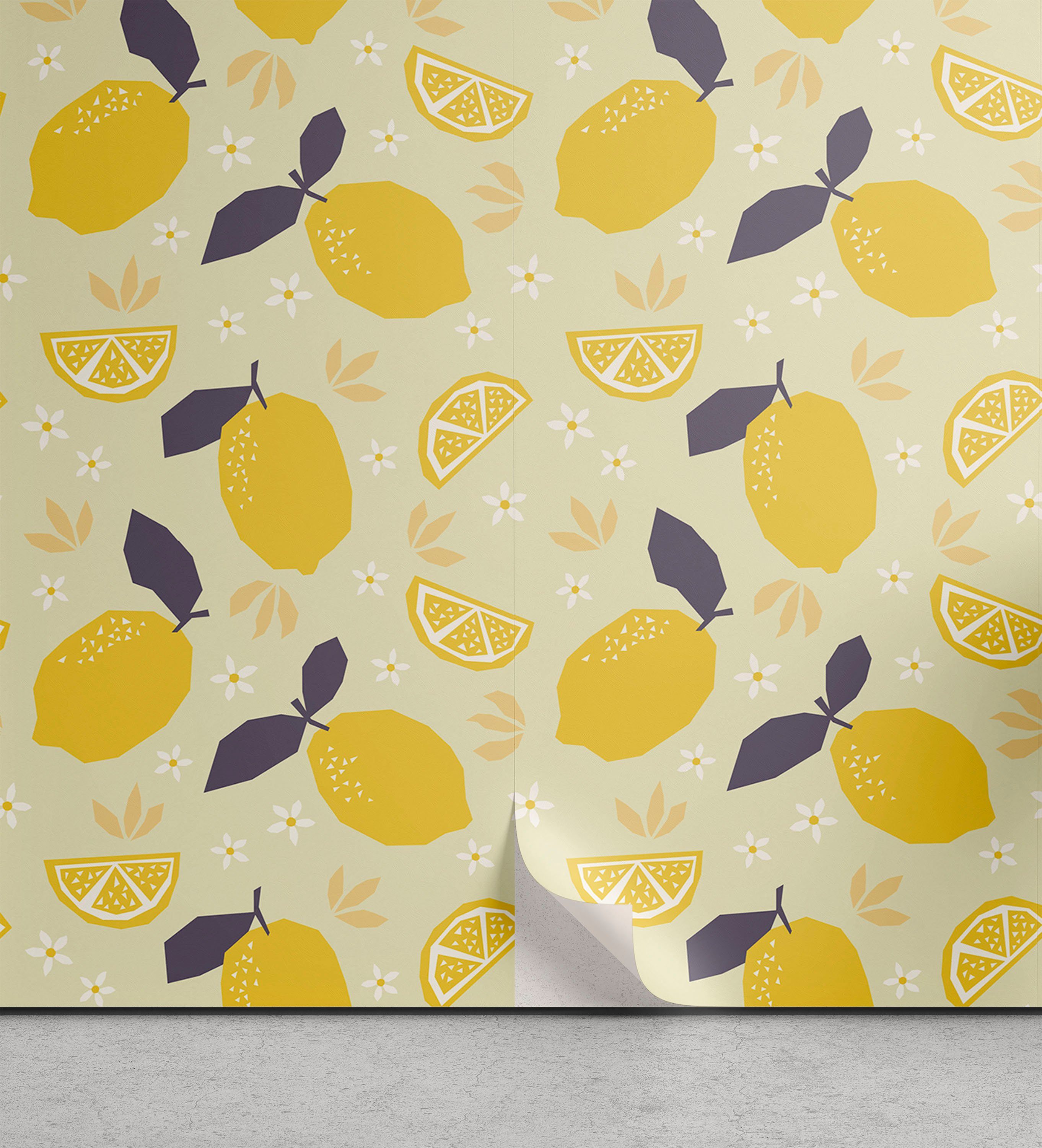 Abakuhaus Vinyltapete selbstklebendes Wohnzimmer Küchenakzent, Frucht-Kunst Zitronen und Blüten