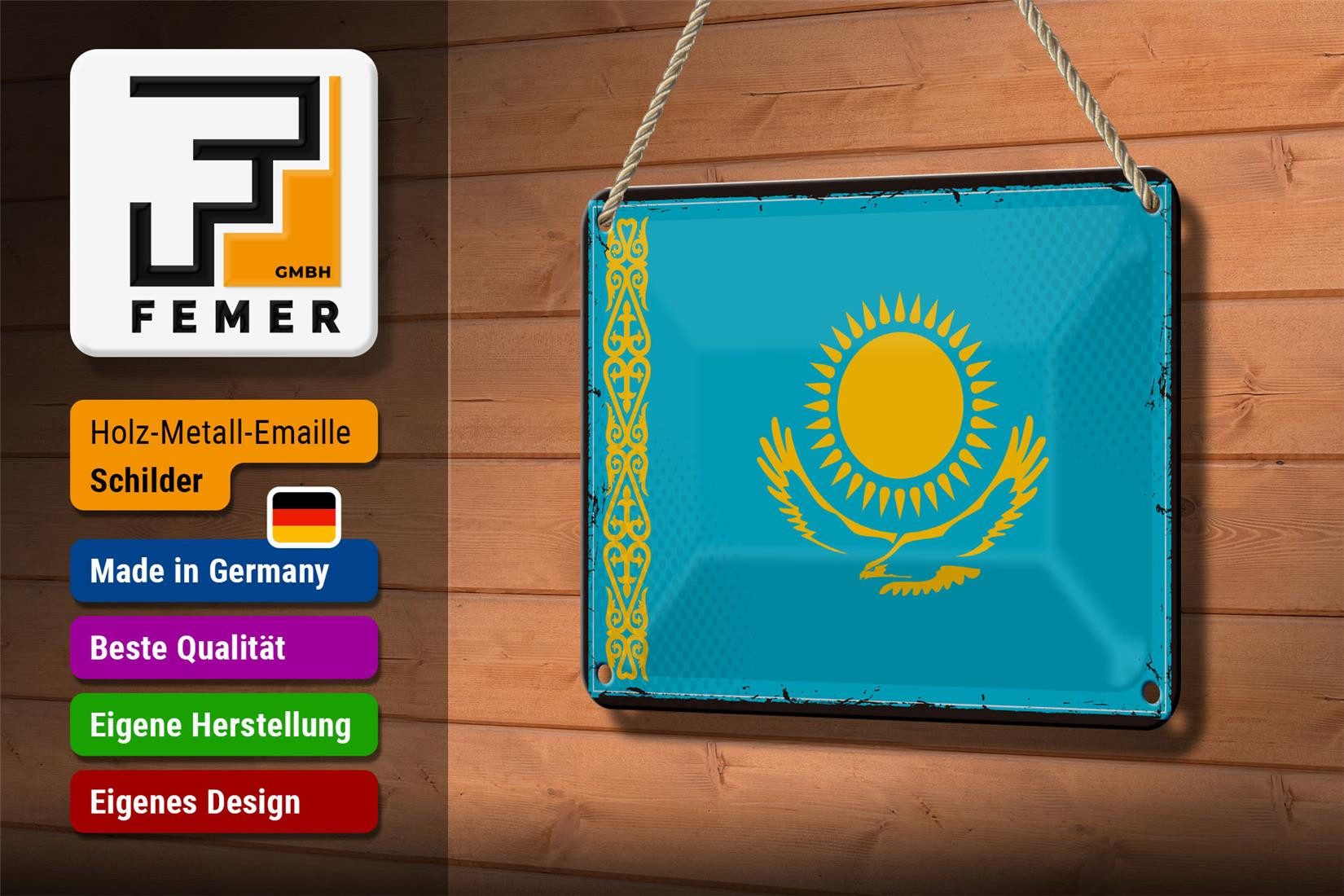 Femer GmbH Metallschild Flagge Kasachstans 18x12cm Retro Kazakhstan, (1 St), gewölbte Oberfläche, abgerundete Ecken, umgeschlagene Kanten