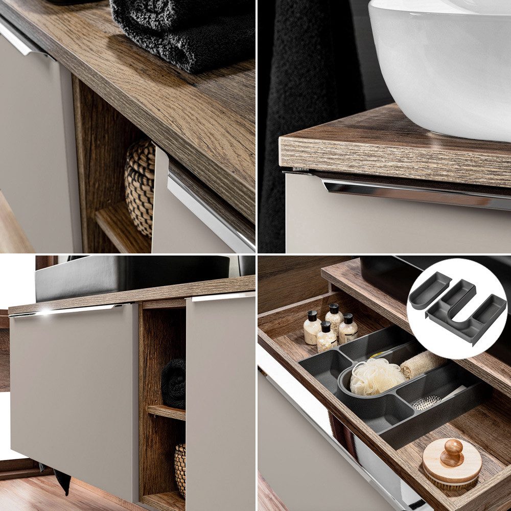 Lomadox bathroom furniture set PUEBLA-56-TAUPE (value set, 12 pieces), mirror cabinet, vanity unit, sink, tall cabinet, taupe vintage oak