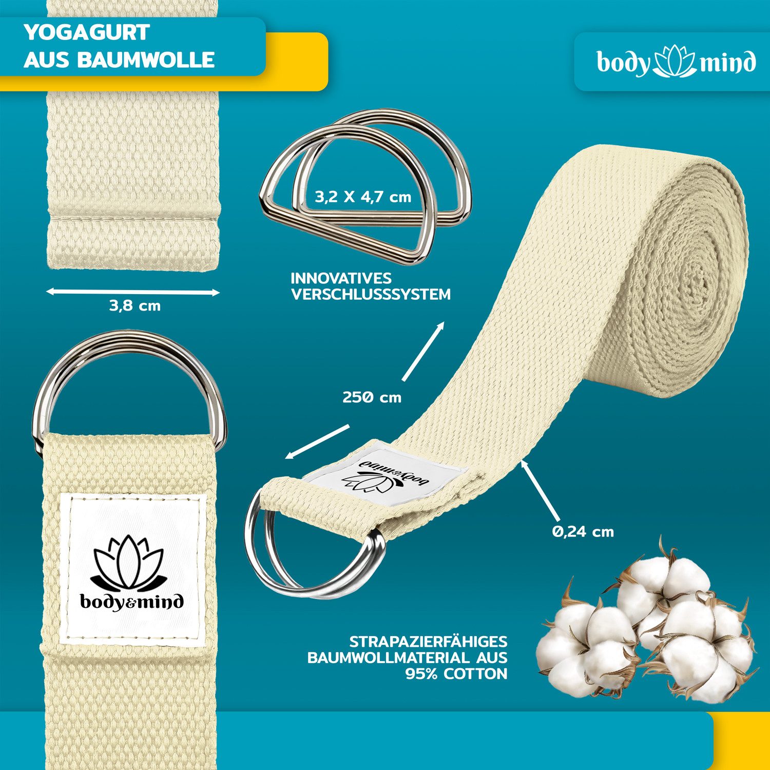 Body & Mind Yogagurt Body & Mind Yogagurt – Baumwolle Yoga Band mit D-Ring für Dehnung, Yoga-Band mit D-Ring-Verschluss