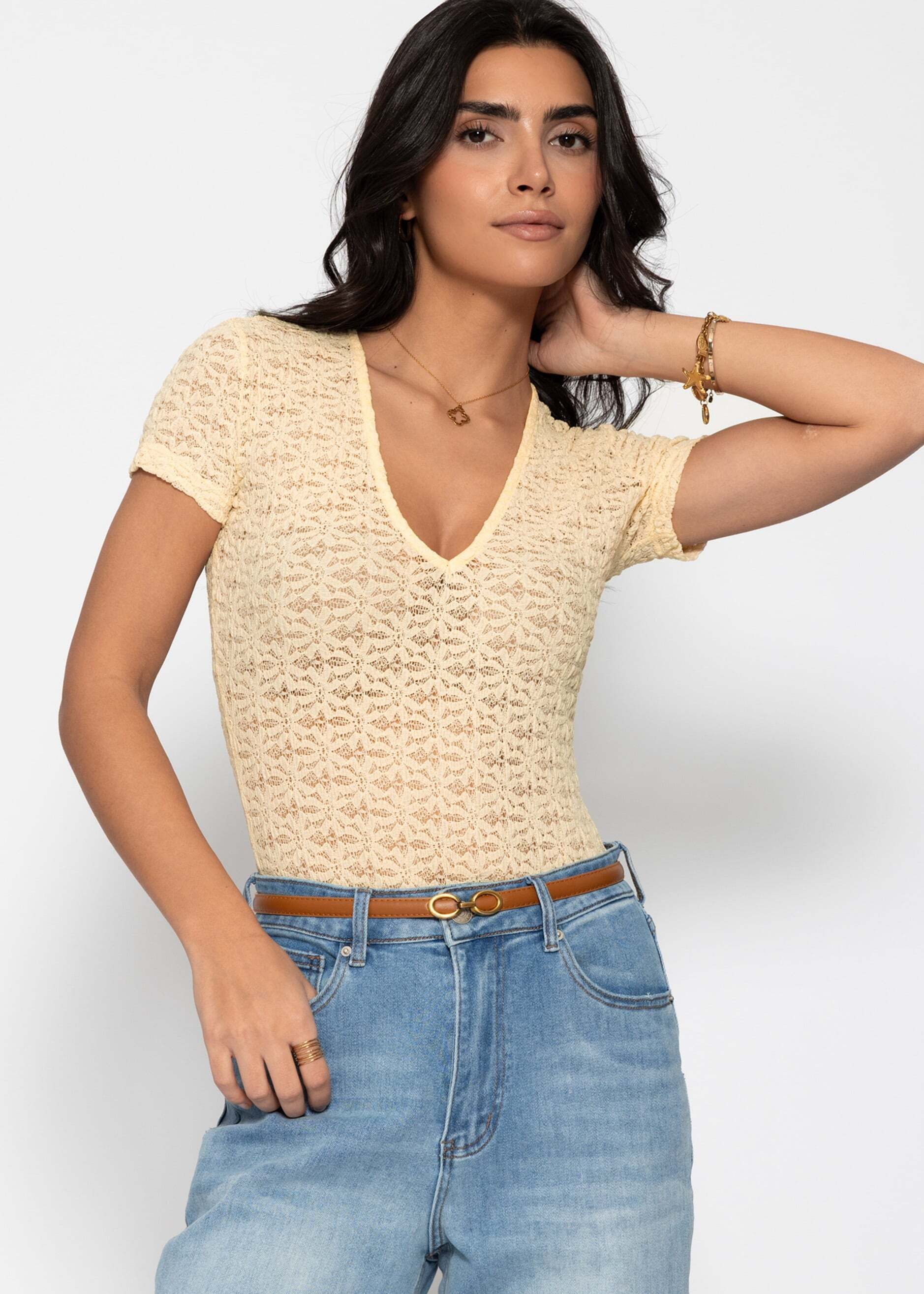 SASSYCLASSY Body Kurzarm Body aus floraler Spitze für Damen Zarter Body mit tiefem V-Ausschnitt und Druckknöpfen