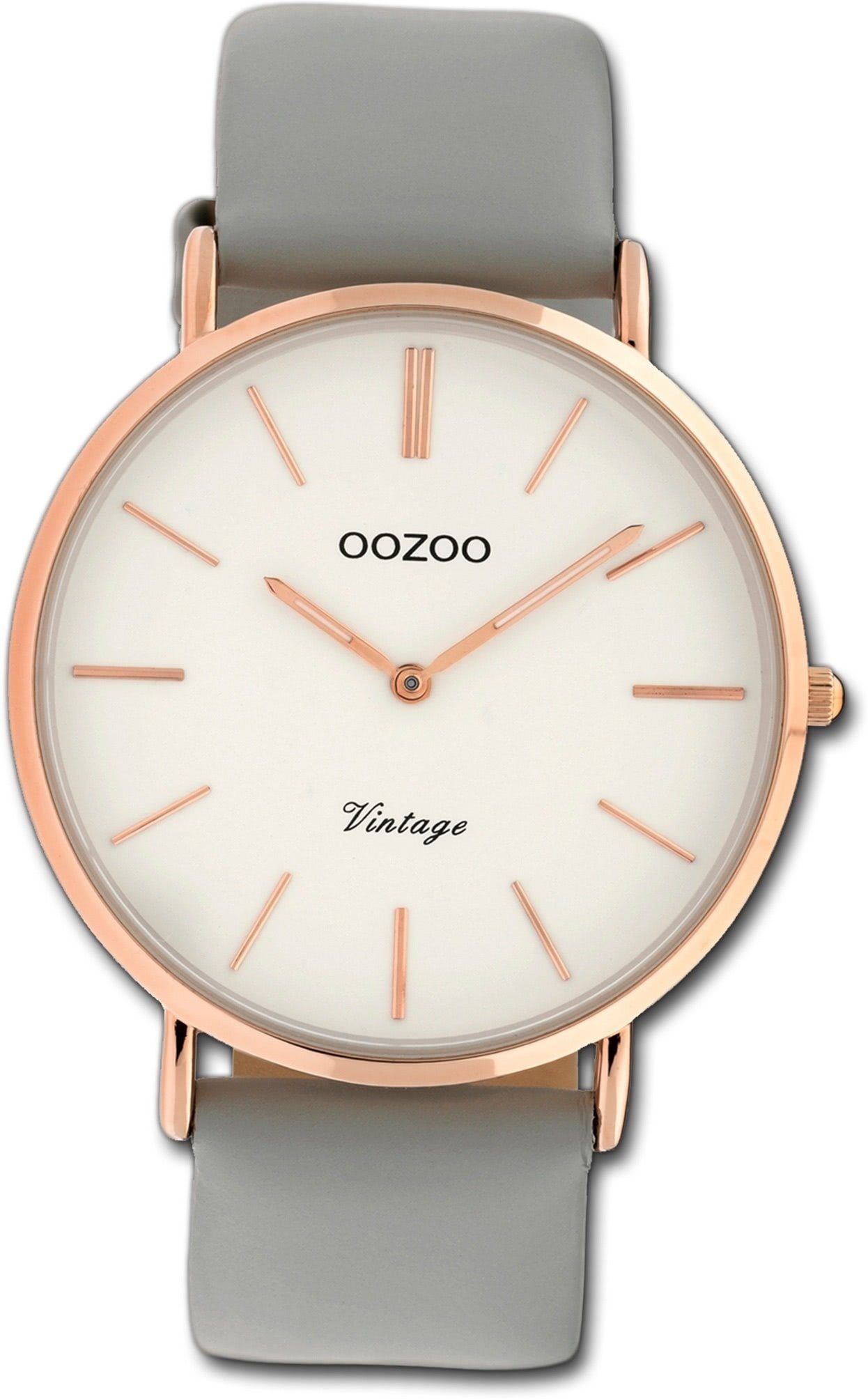 OOZOO Quarzuhr Oozoo Leder Damen Uhr C9965 Analog, Damenuhr Lederarmband grau, rundes Gehäuse, groß (ca. 40mm)