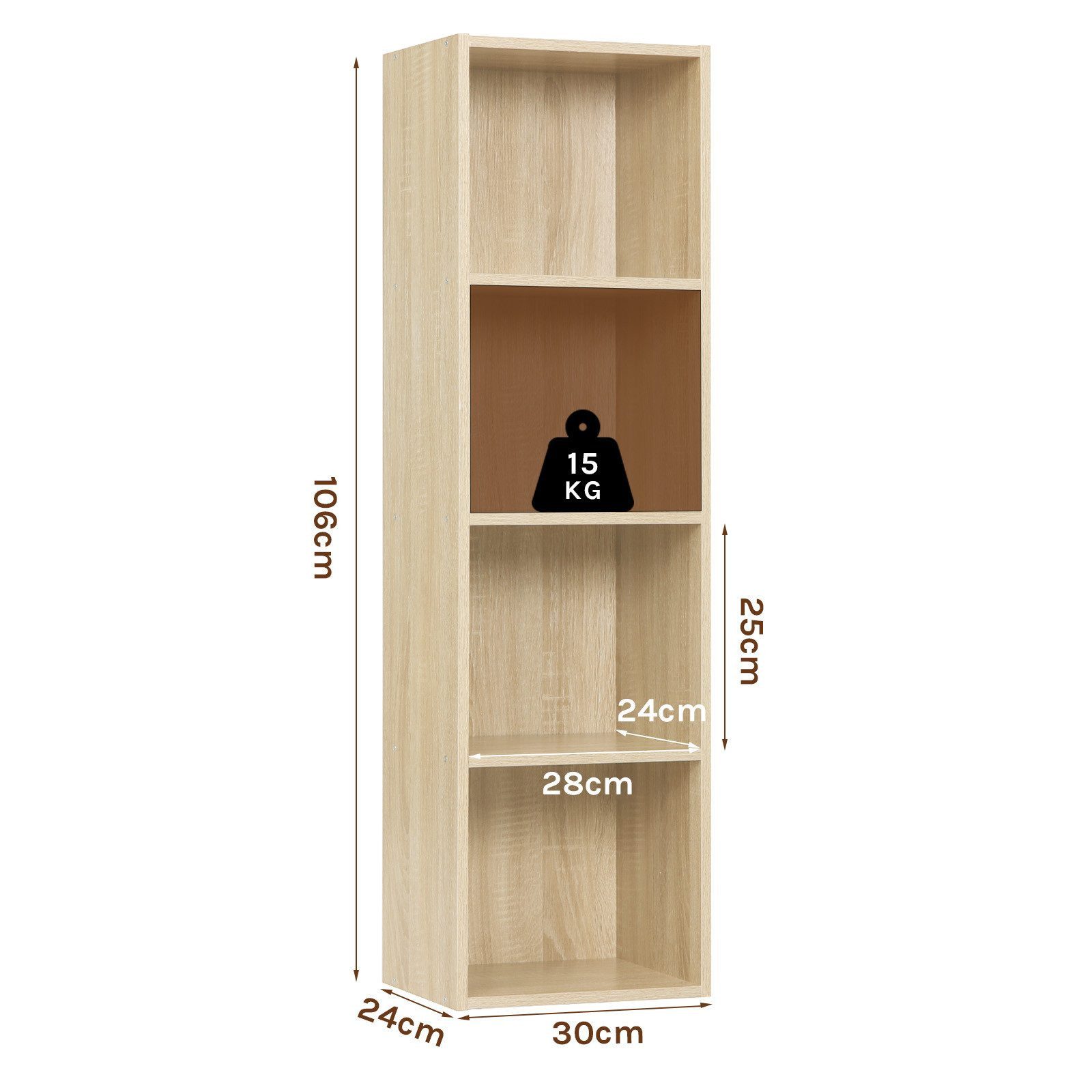 Woltu Bücherregal, 1-tlg., Bücherregal aus MDF helle Eiche 30x24x106 cm