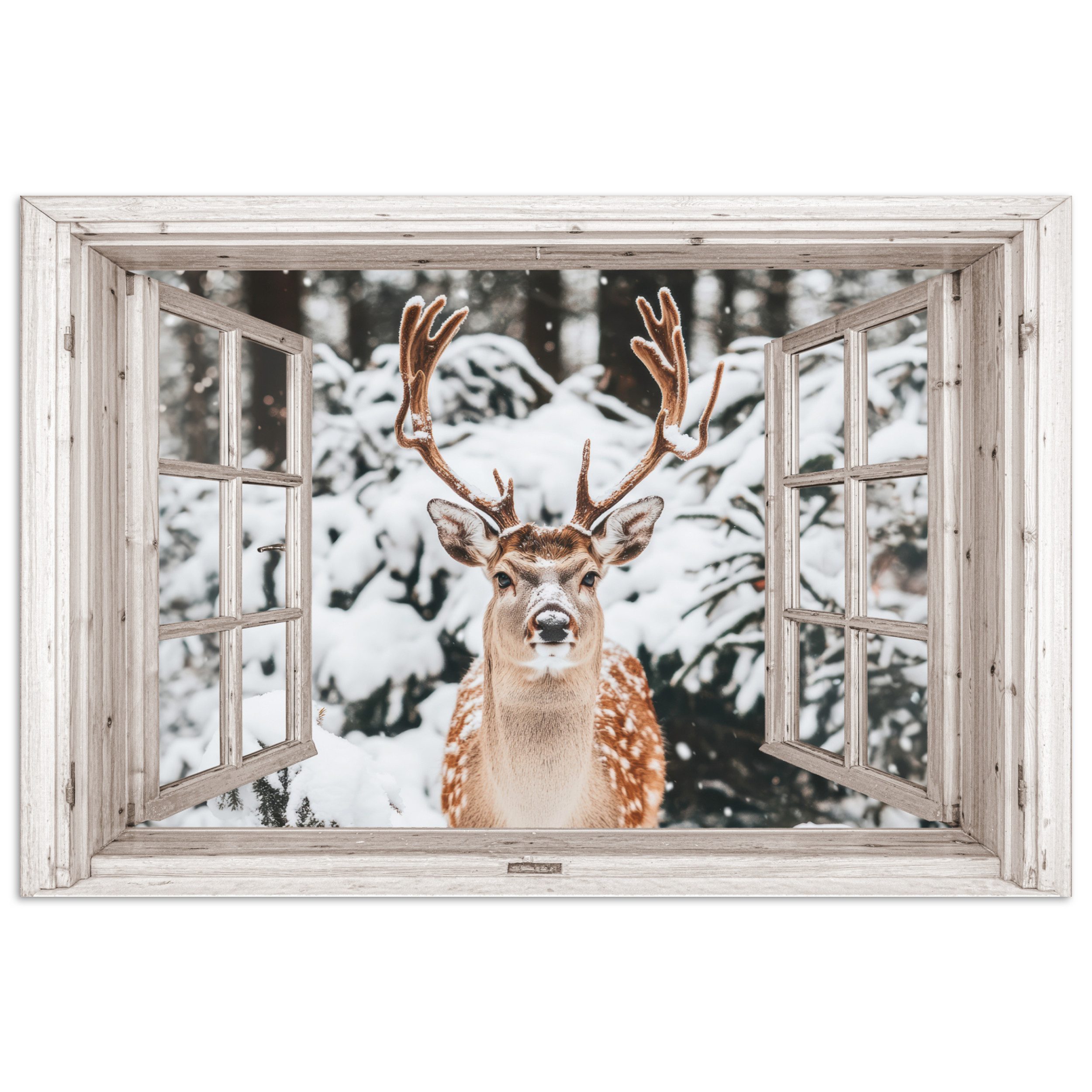 MuchoWow Плакат Durchgucken - Hirsch - Schnee - Winter - Wald - Tiere - Natur, (1 St), Плакат ohne Rahmen, Wandbild, Wandposter, 30x20 cm