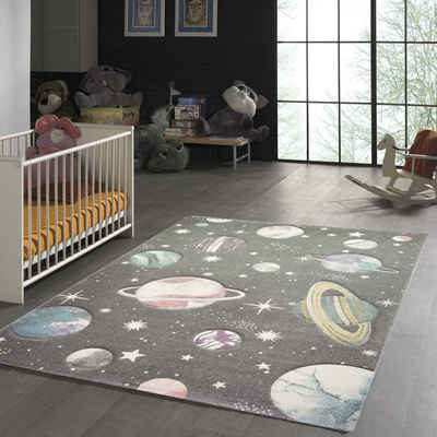 Kinderteppich Kinderteppich mit Sternen und Planeten in pastellgrau, TeppichHome24, rechteckig, Höhe: 1.3 mm