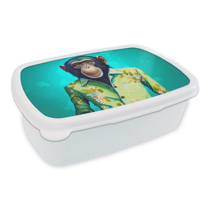 MuchoWow Lunchbox Affe - Bluse - Blumen - Grün - Porträt Kunststoff (2-tlg) Brotbox für Kinder und Erwachsene Brotdose für Jungs und Mädchen