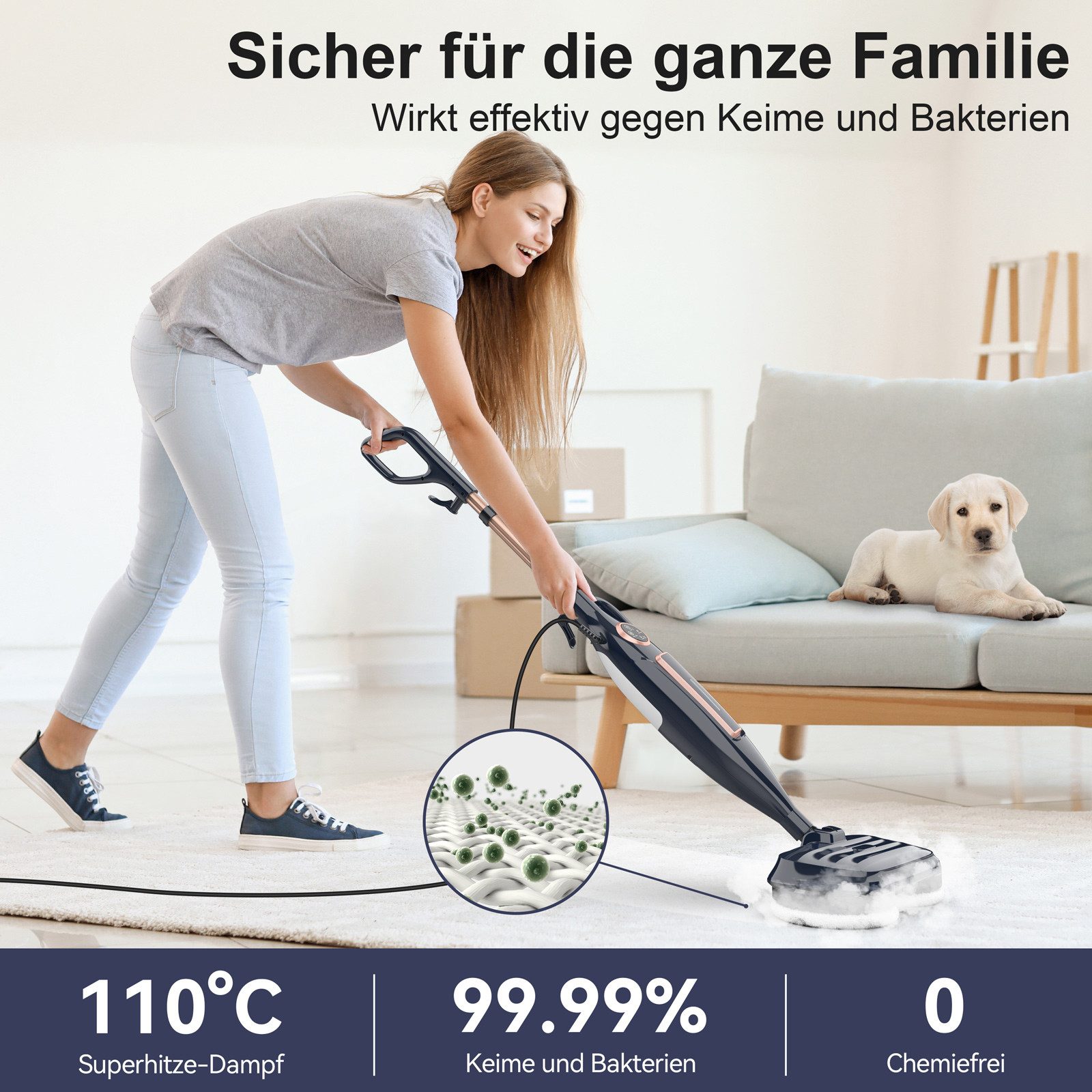 INSE Dampfreiniger VM6, 1300W, beutellos, 3 Dampfmodi, LED-Display, 15S, 5m Kabel, 1300 W, beutellos, 8-in-1 rotierenden Pads,Freistehfunktion,für verschiedene Bodenarten