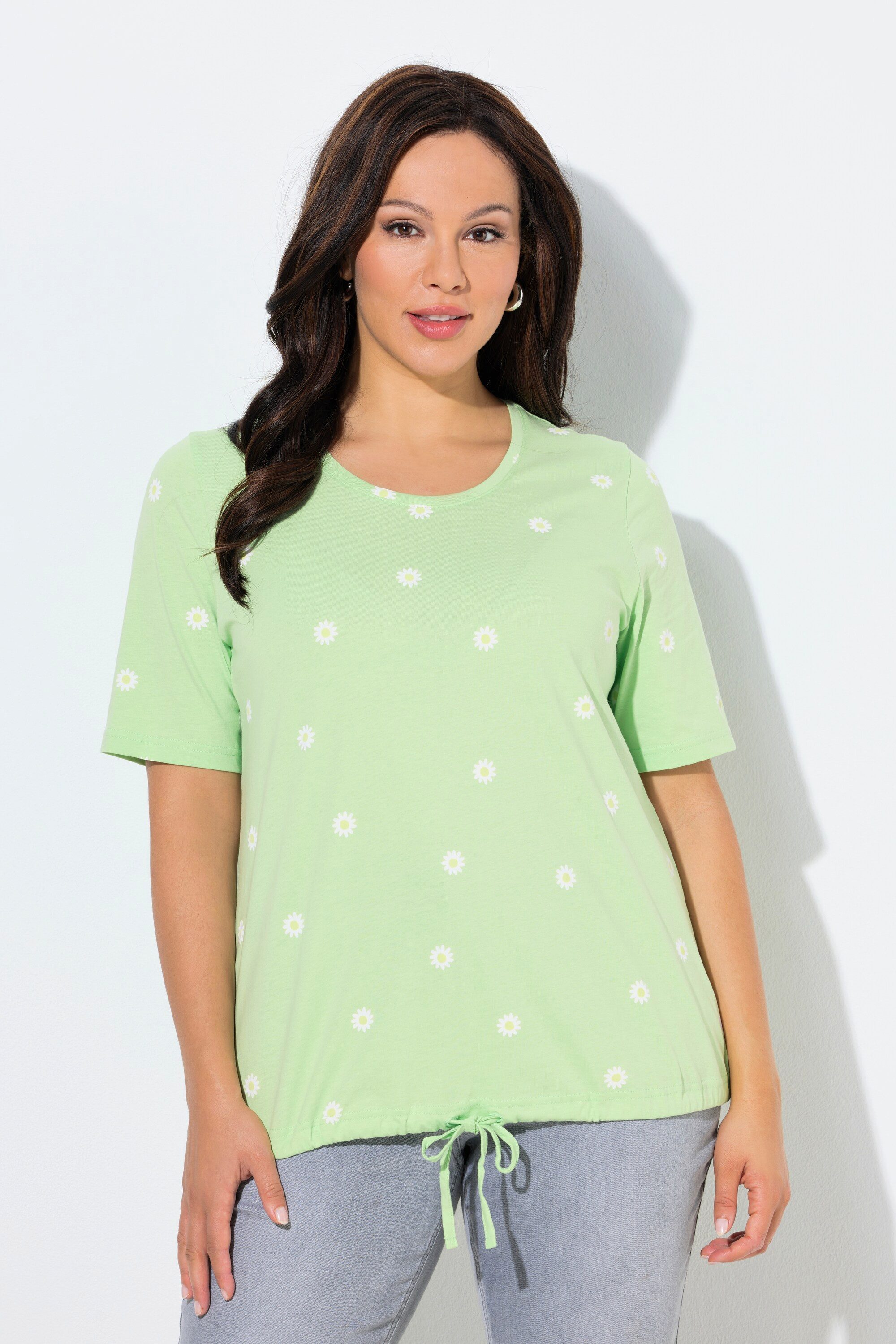 Ulla Popken T-Shirt T-Shirt Blüten Classic Rundhals Halbarm Tunnelzug