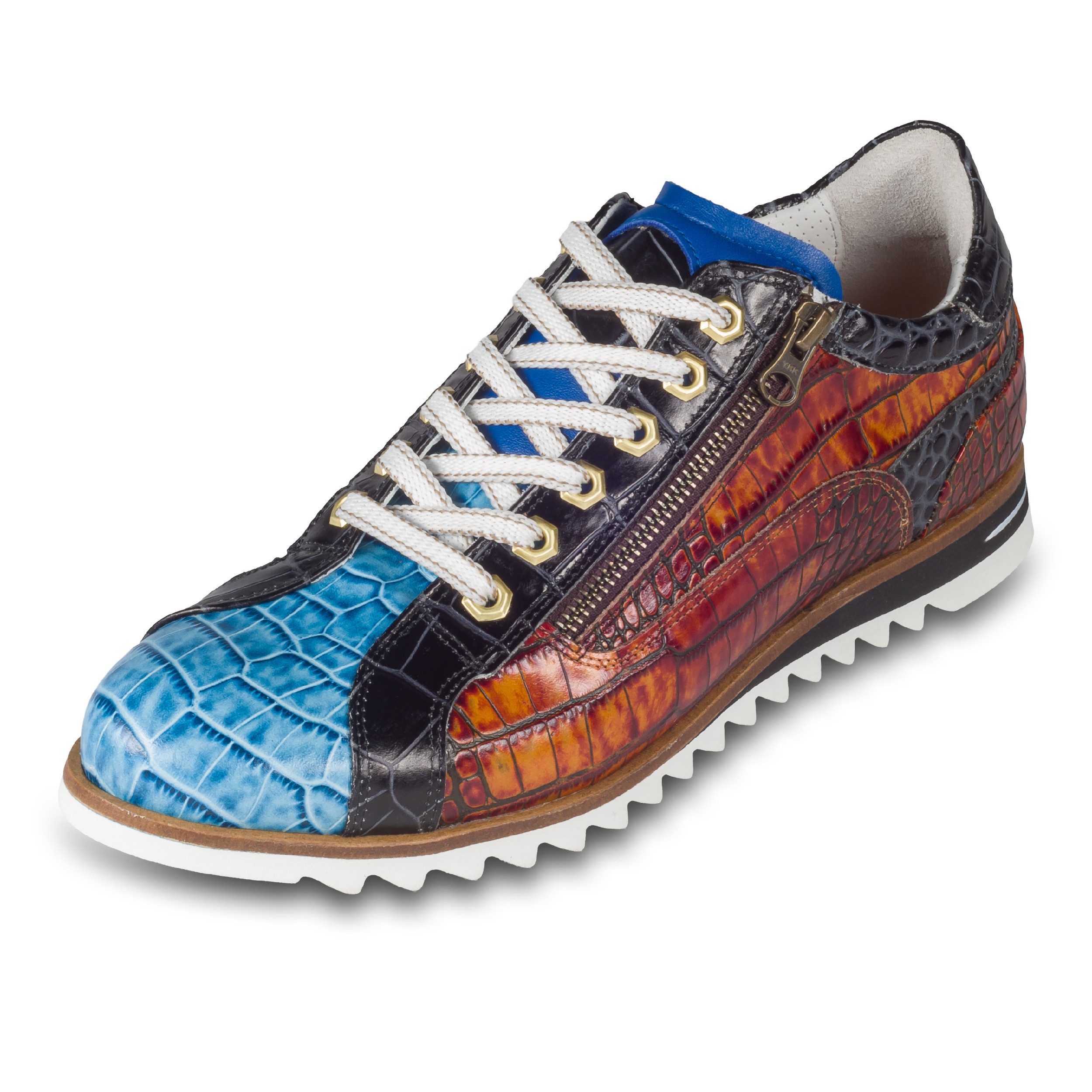 Lorenzi Lorenzi Herren Leder-Sneaker blau/braun/schwarz, Kroko-Prägung Sneaker Handgefertigt in Italien