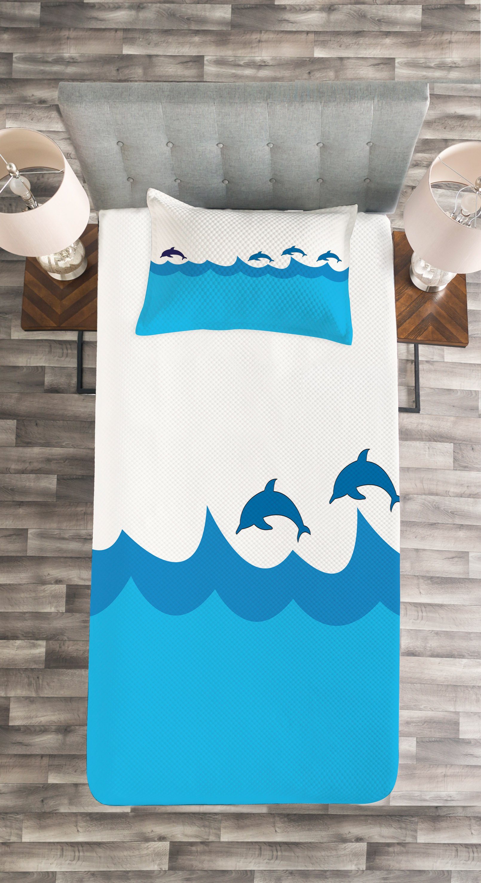 Tagesdecke Set Dolphins Blau Waschbar, Kissenbezügen Waves Abakuhaus, mit Ozean on