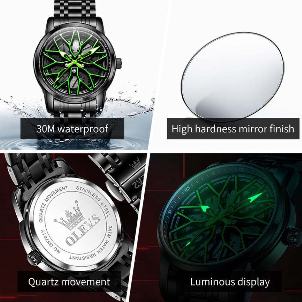 OLEVS Quarzuhr Felgenuhr Olevs Motorsport Herren Armbanduhr im 3D Felgendesign Grün