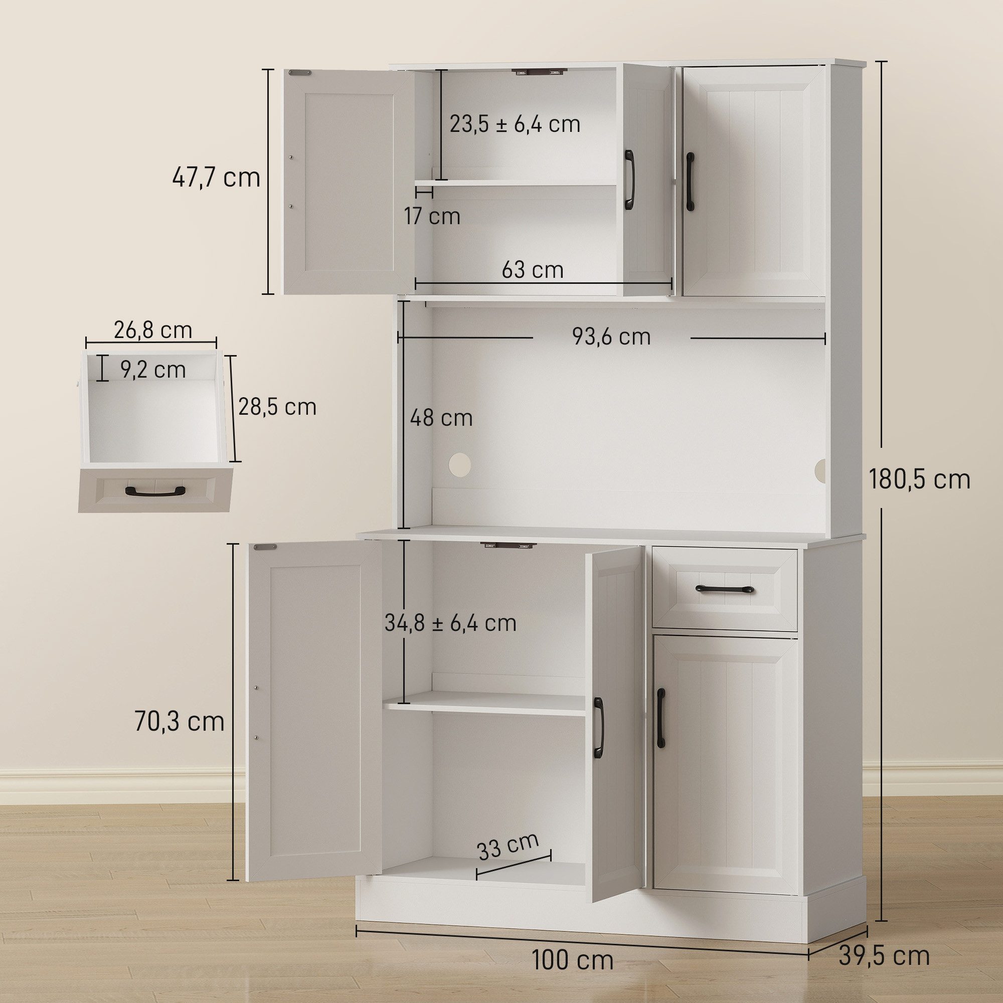HOMCOM Küchenbuffet Küchenschrank mit Arbeitsplatte, 6 Türen, Schublade, Hochschrank (Buffetschrank, 1-St., Küchenschrank) für Küche Wohnzimmer Esszimmer 100 x  – Bild 3 von 5