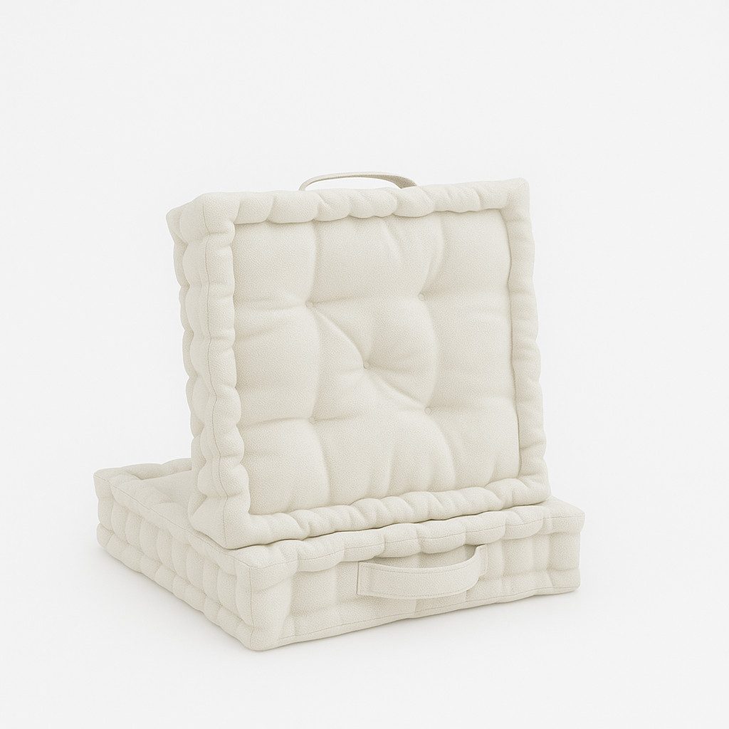 Beautissu Stuhlkissen 2er Set Bodenkissen Sitzkissen Mila, 50x50cm, Natur, Matratzenkissen 10cm, 100% Baumwolle Stuhlkissen Indoor & Outdoor