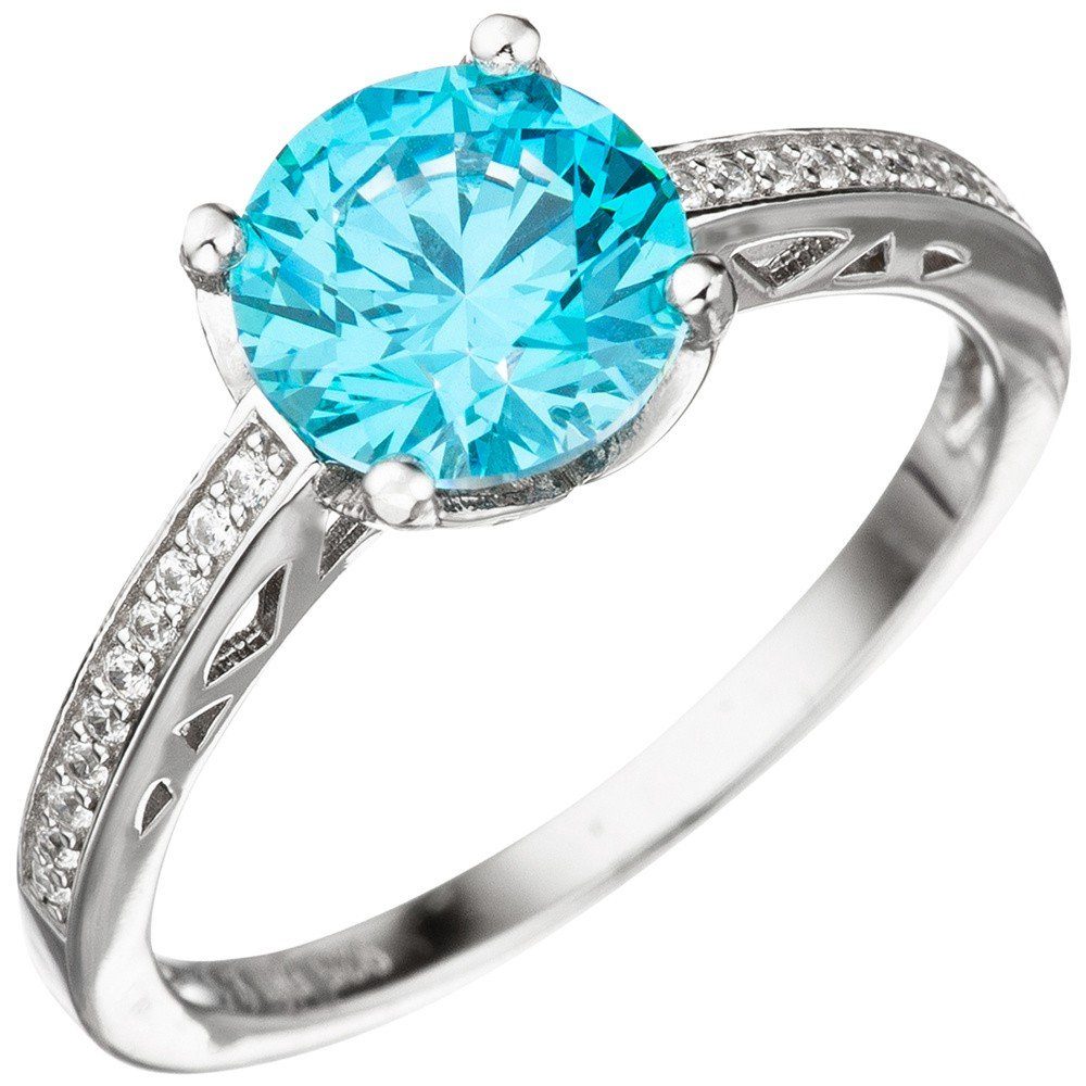 Schmuck Krone Silberring Ring Damenring mit Zirkonia türkis blau hellblau  facettiert 925 Silber Fingerring, Silber 925