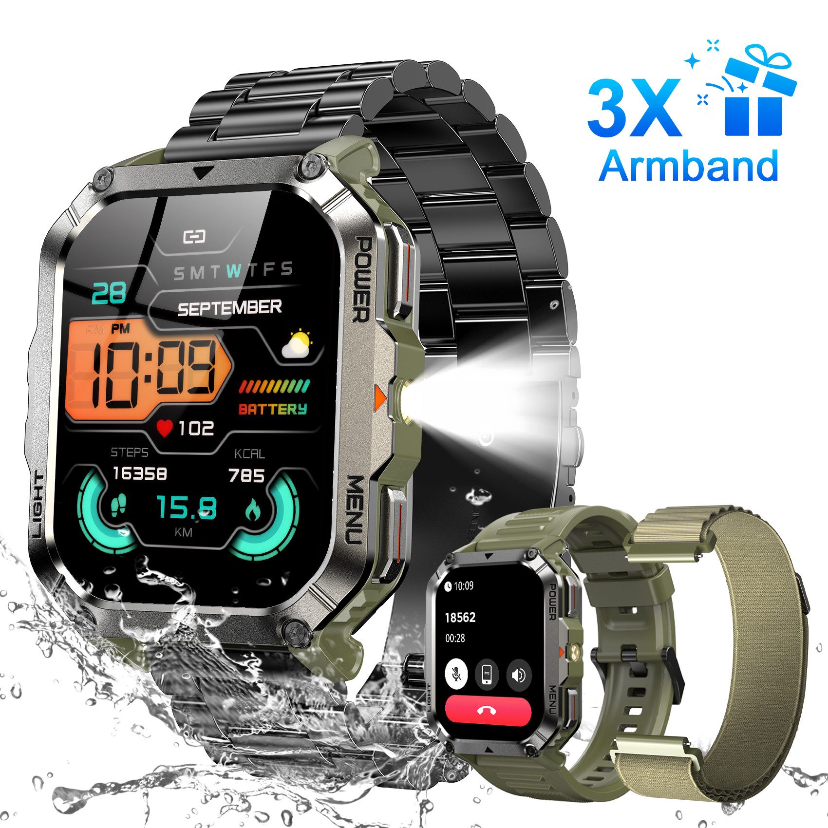 blackview Militär-Smartwatch Herren mit 900mAh Akku/LED-Taschenlampe/Kompass/SOS Smartwatch (2.01 Zoll, iOS/Android), 3-tlg., 3 x Riemen / 2 x Riemen und Ladekabel, Herzfrequenz,SpO₂& Schlafüberwachung,100+ Sportmodi,Schrittzähler,IP68