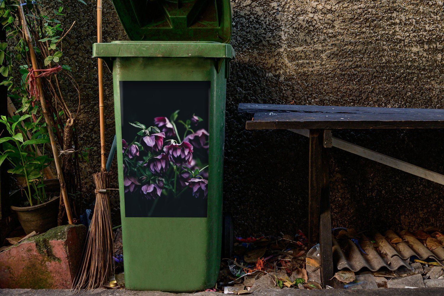 Container, Hell MuchoWow (1 Rosa St), Wandsticker Mülltonne, Sticker, Abfalbehälter - Blumen - Mülleimer-aufkleber,