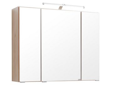 möbelando Badezimmer-Set Porto, (5-St), Modernes Badezimmer aus Spanplatte melaminharzbeschichtet in Buche Iconic bestehend aus 1x Hängeschrank, 1x Unterschrank, 1x Spiegelschrank, 1x Waschtisch und 1x Seitenschrank, Made in Germany.