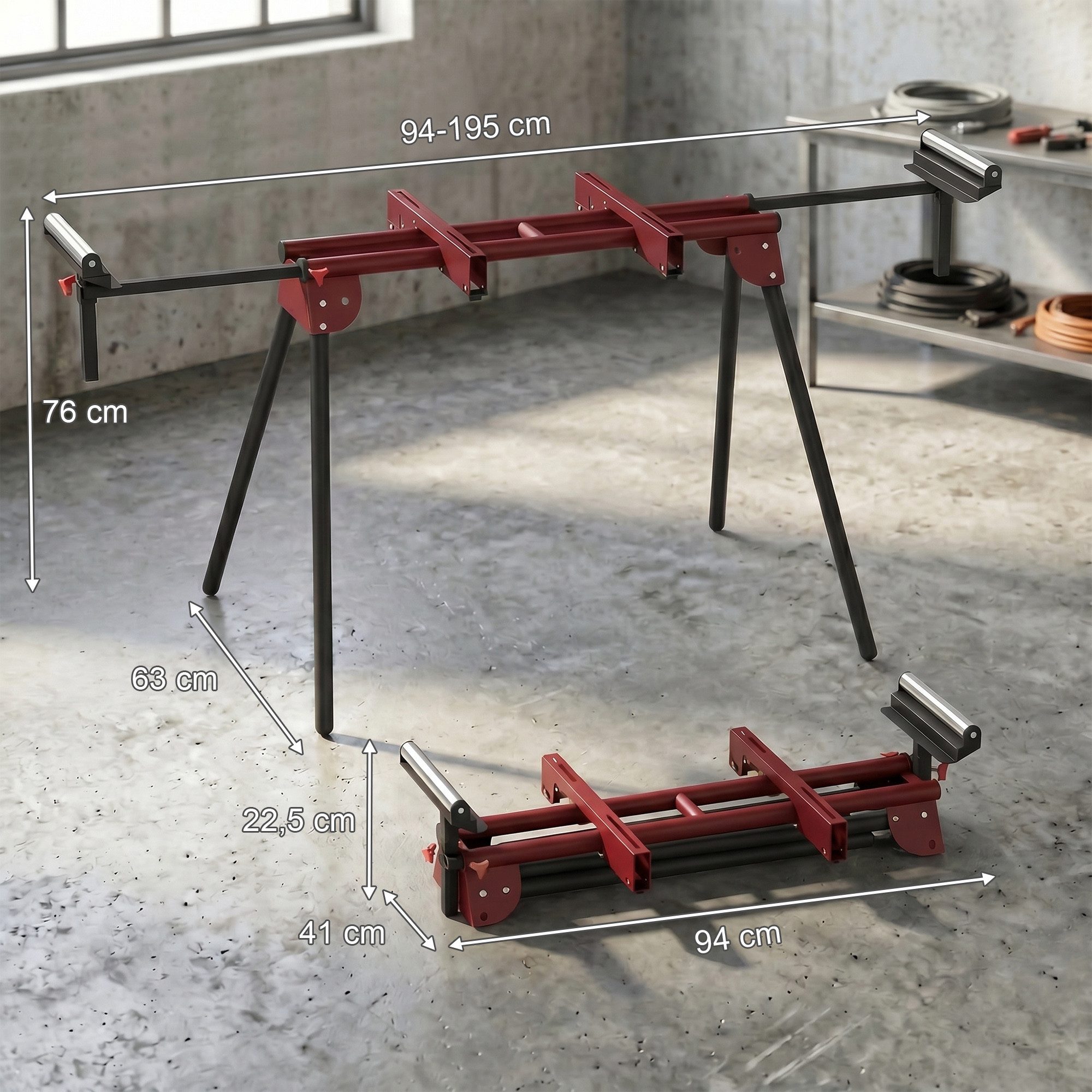 HOMCOM Sägebock 2er Set höhenverstellbare Klappböcke Gerüstbock aus Metall, 150 kg max. Belastbarkeit, 0 cm max. Stammdurchmesser, (Set, 1-St., mit Rollenstützen), ausziehbar 94-195 cm, Tragkraft 150 kg