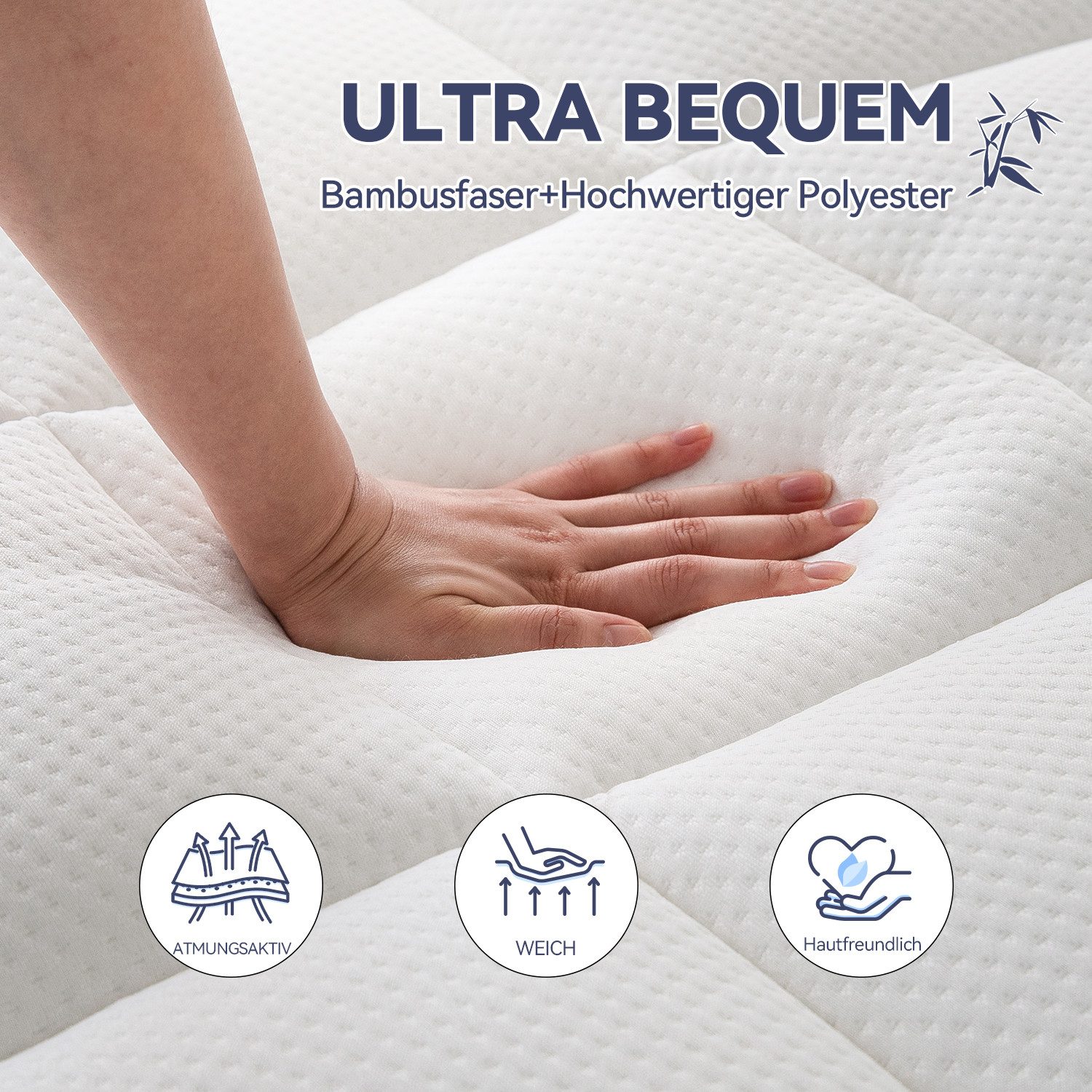 Elemuse, Topper Gel Schaum H3/H4 Topper mit Waschbar Bambusfaser Bezug, 7cm hoch, Memory Schaum Komfortschaum, Druckverteilung, Atmungsaktiv