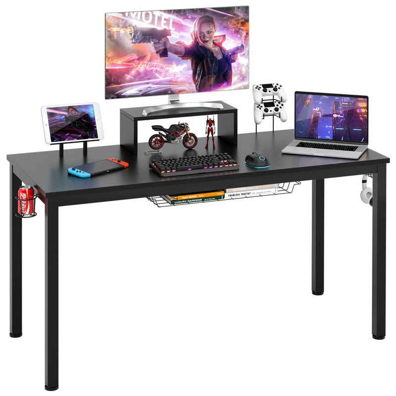 COSTWAY Gamingtisch, 140cm, mit Monitorablage & Aufbewahrungskorb