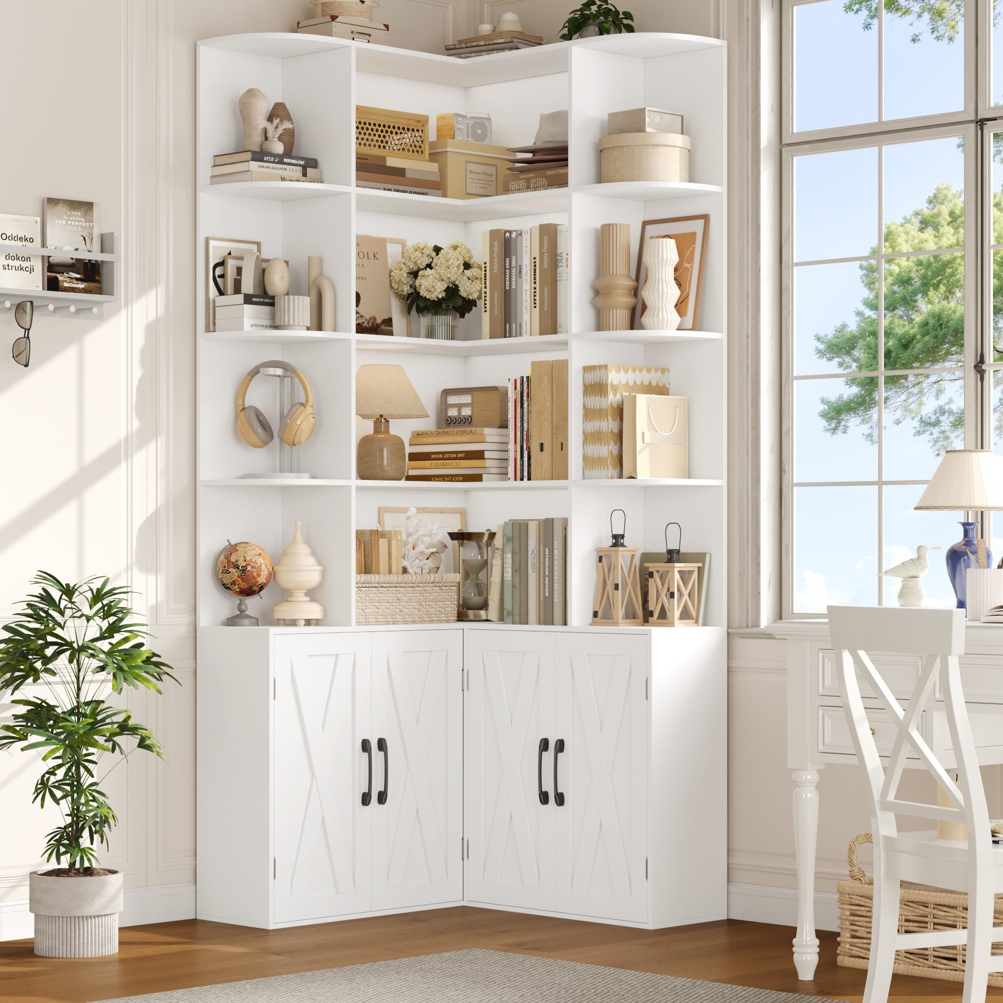 Homfa Bücherregal 187 cm hoher Bücherschrank mit Türen Eckregal, Eckbücherregal Standregal L-förmiger Eckschrank 80 x 80 x 187 cm