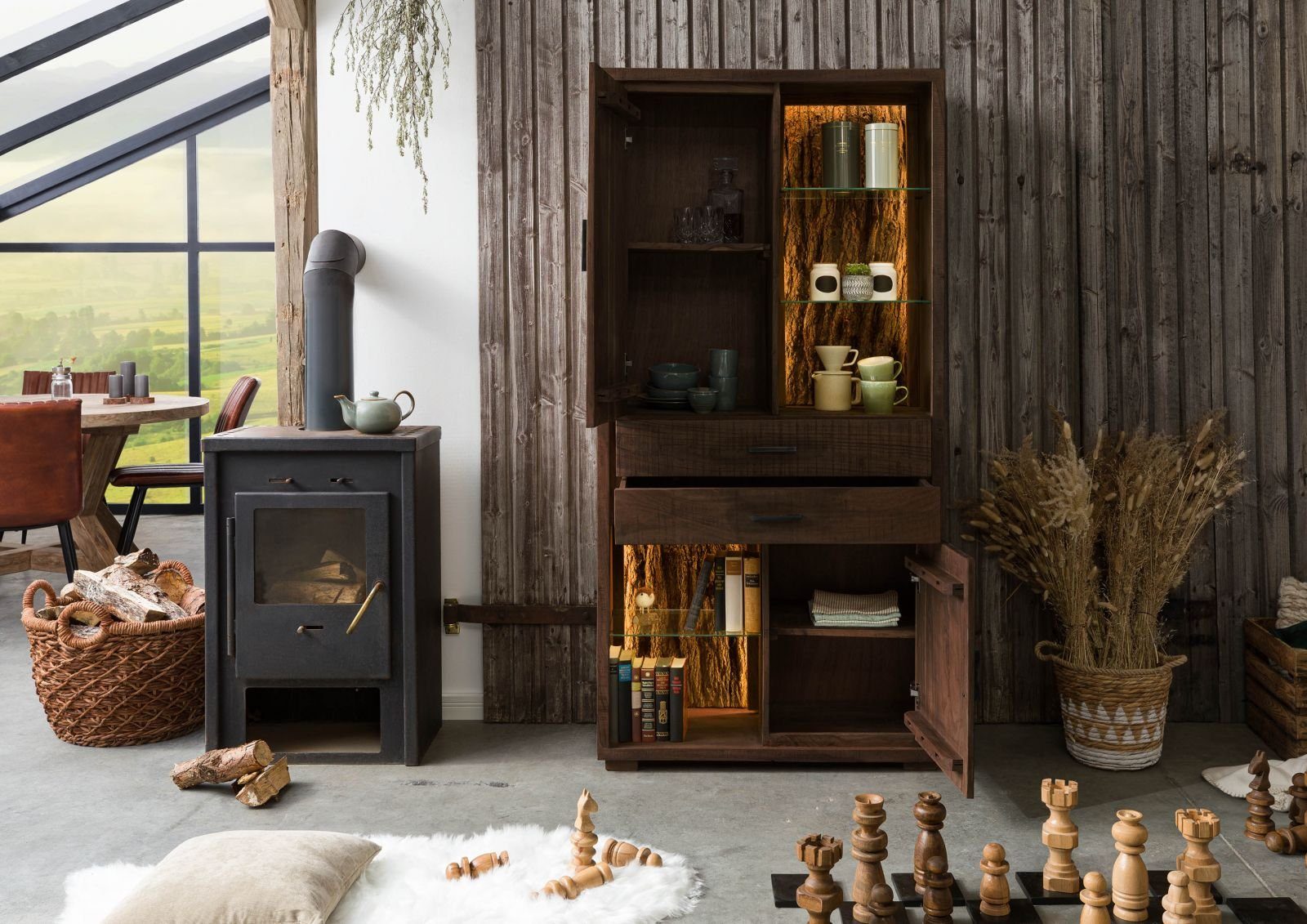 Massivmoebel24 Dreh-/Schwebetürenschrank BARK (Massivholz Akazie 88x40x180 dunkelbraun lackiert BARK #203) Massivholz Akazie 88x40x180 dunkelbraun lackiert BARK #203