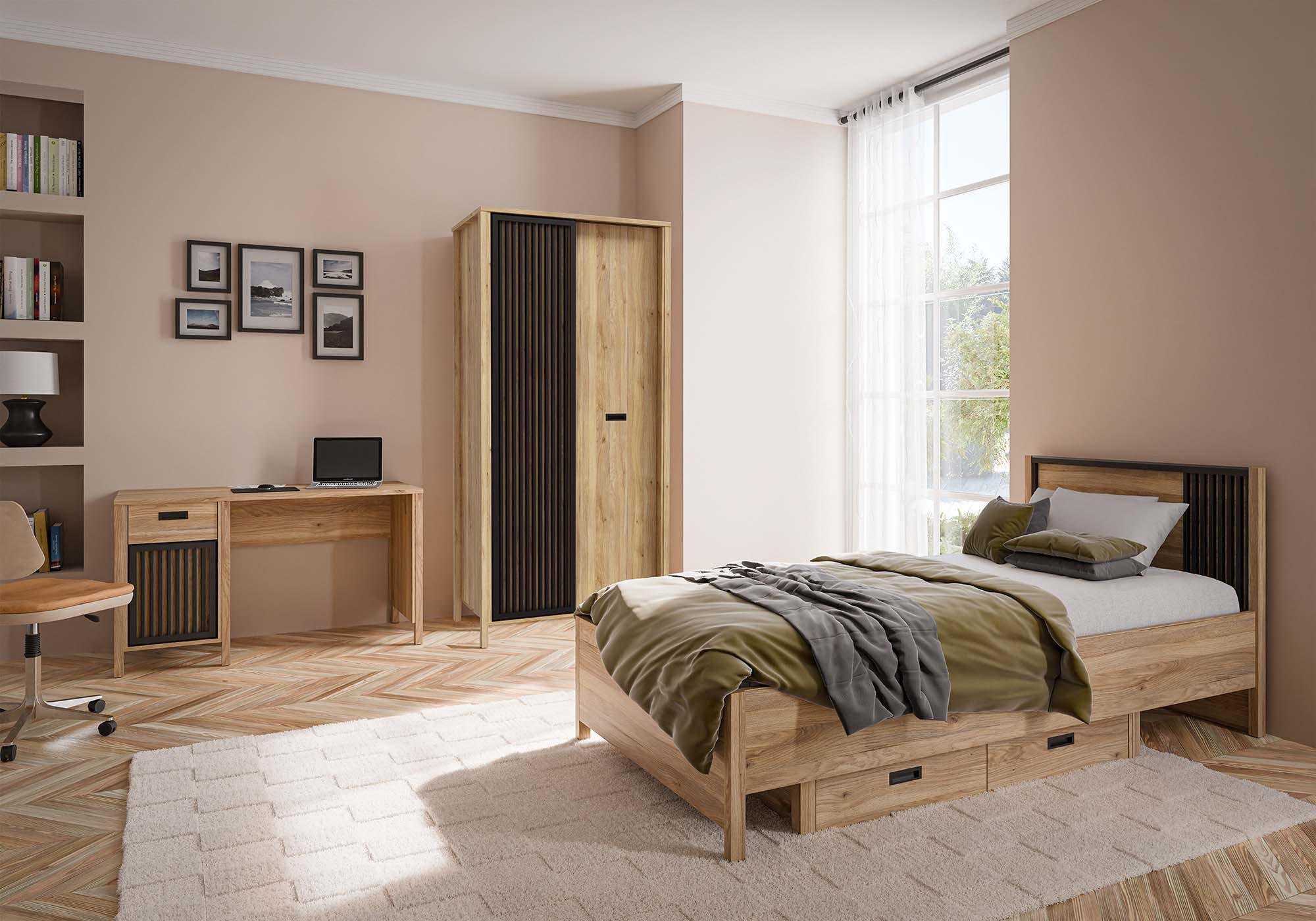 möbel-direkt.de Jugendzimmer-Set Jugendzimmerset Jytana in Mauella Oak & Black, (Spar-Set, 4-tlg., 4 teilig), Schubkästen mit Vollauszug