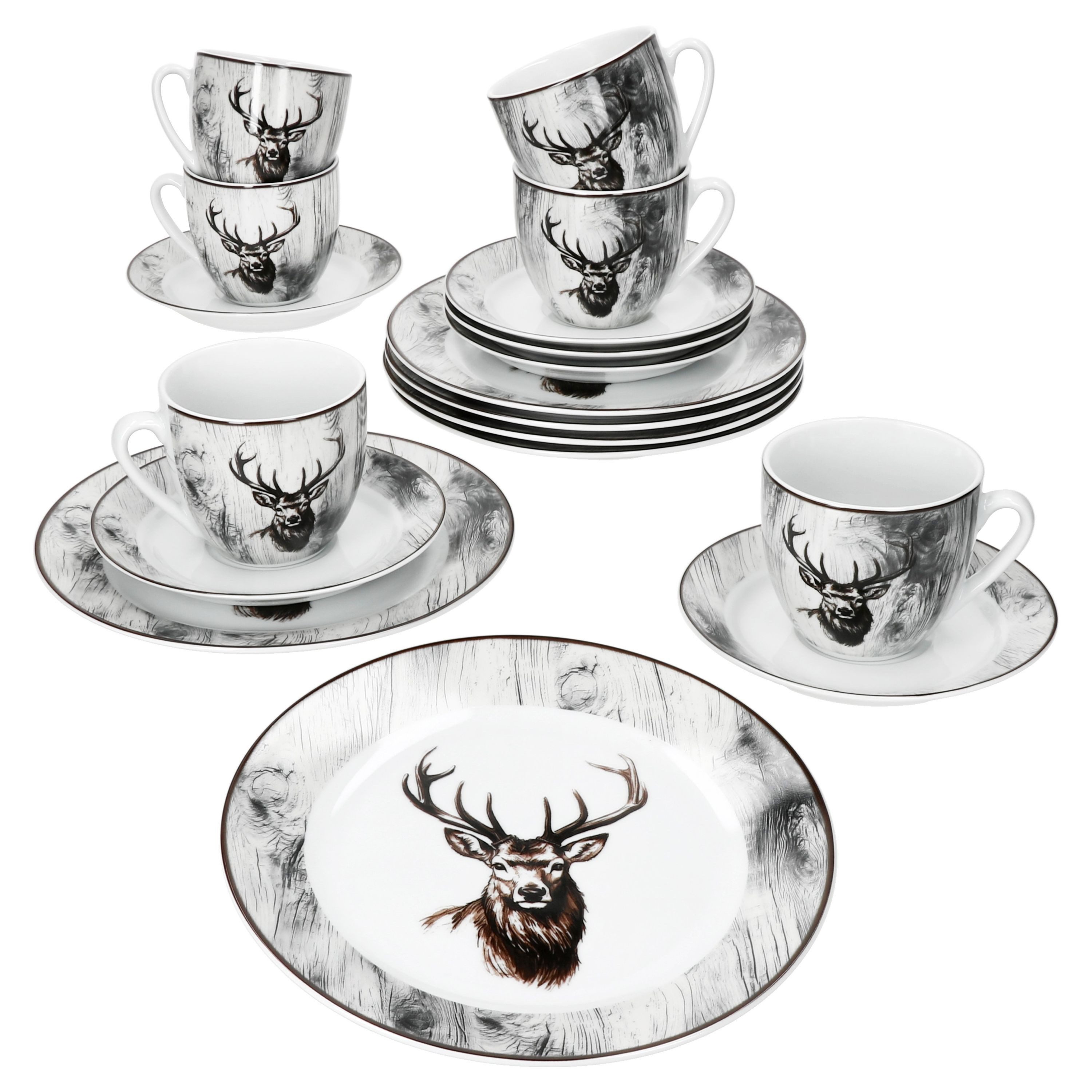 MamboCat Kaffeeservice 18tlg Kaffeeservice Alois Porzellan 6 Personen Hirsch, Porzellan