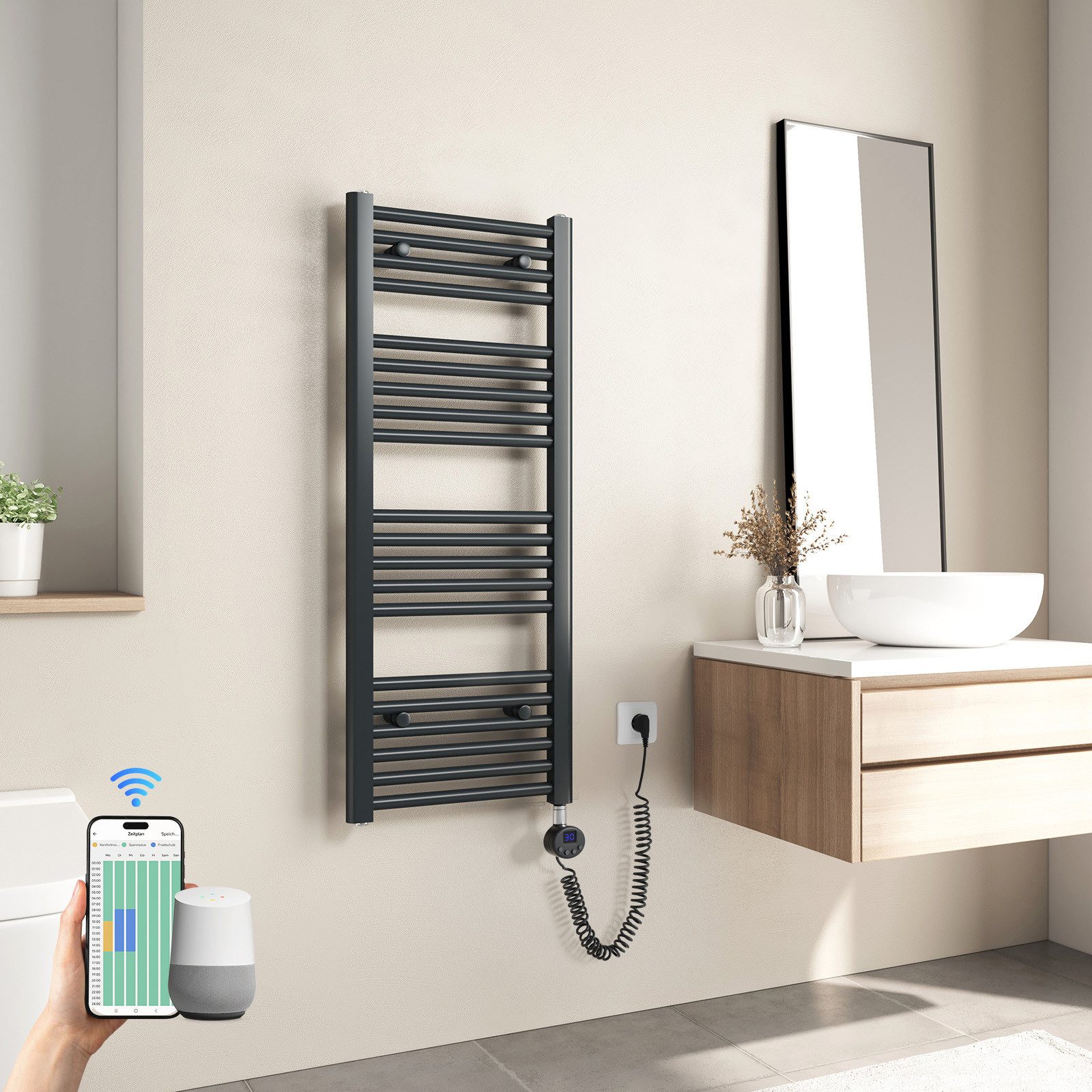 Heilmetz Elektrischer Badheizkörper mit Smart WLAN Thermostat Heizstab, 300W, Intelligente App/Sprachsteuerung, Anthrazit, Geeignet für 3 m²