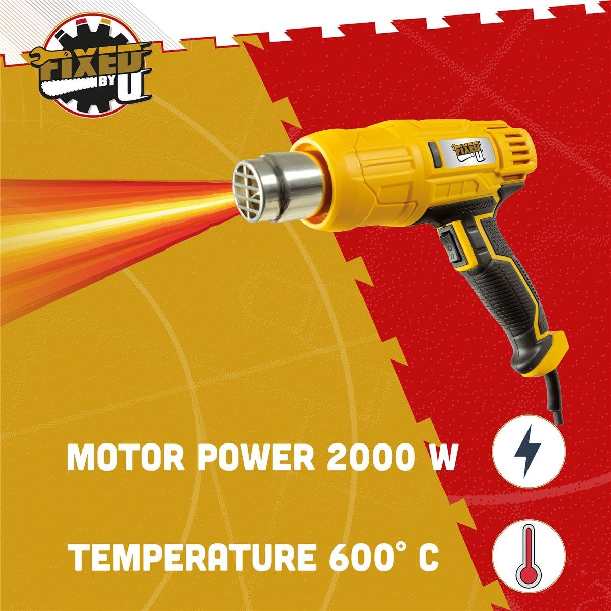 FixedByU Heißluftgebläse Heißluftpistole im Koffer, 2-Stufen 350/600° C, 2000 W, inkl. Düsen