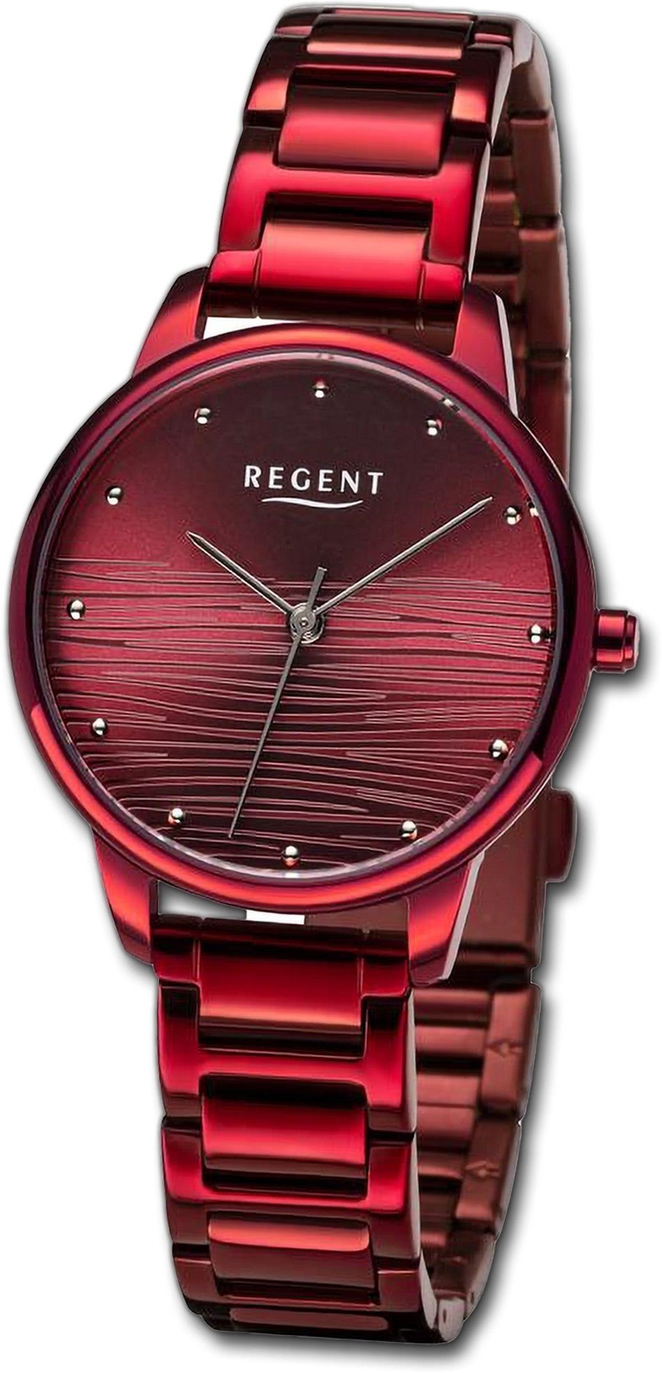 Regent Quarzuhr Regent Damen Armbanduhr Analog, Damenuhr Metallarmband rot, rundes Gehäuse, extra groß (ca. 32mm)