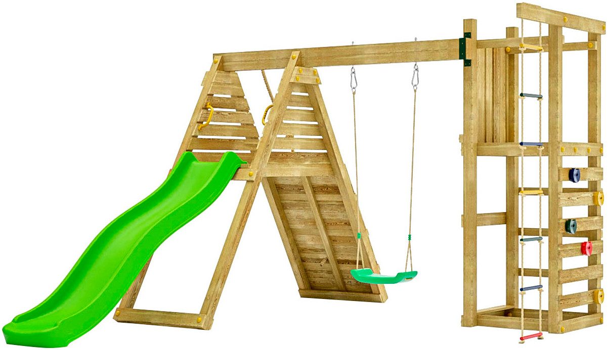 FUNGOO Spielturm Climber, Klettergerüste m Rutsche, Kletterbrücke, -leiter u. Schaukel, Made in Europe, FSC® - schützt Wald