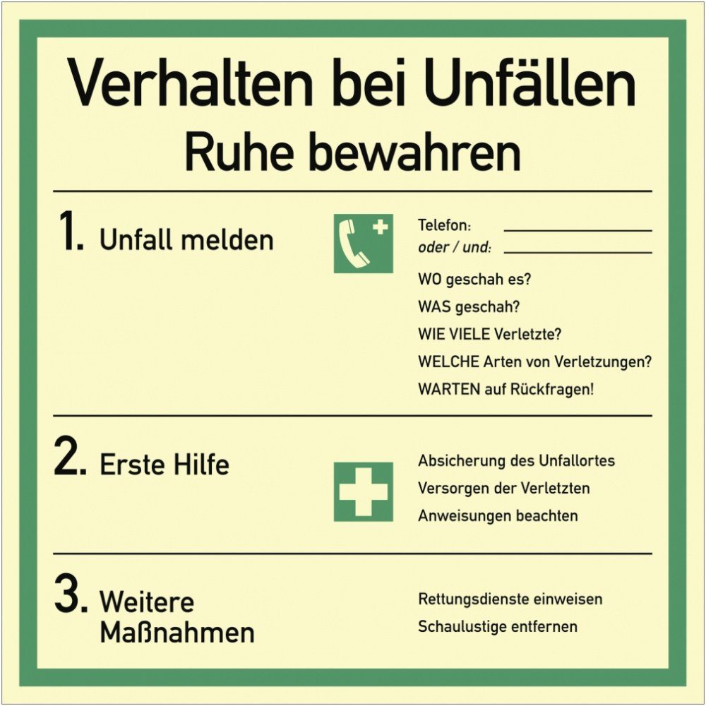 Hinweisschild Verhalten bei Unfällen, Kombischild, ISO 7010