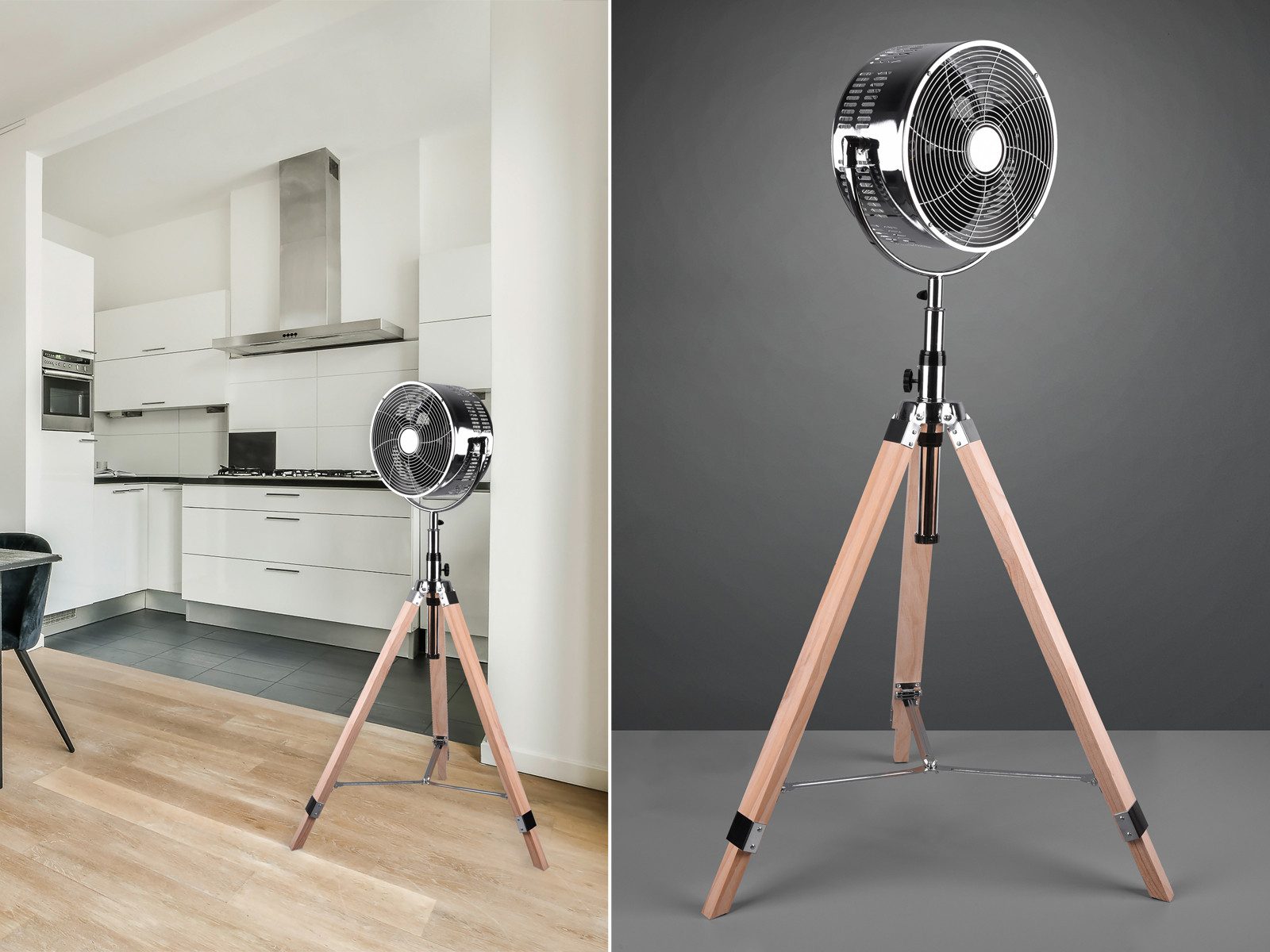 Reality Leuchten Standventilator, Design Raumlüfter Zimmer-Ventilator groß, Holz-Beine, höhenverstellbar