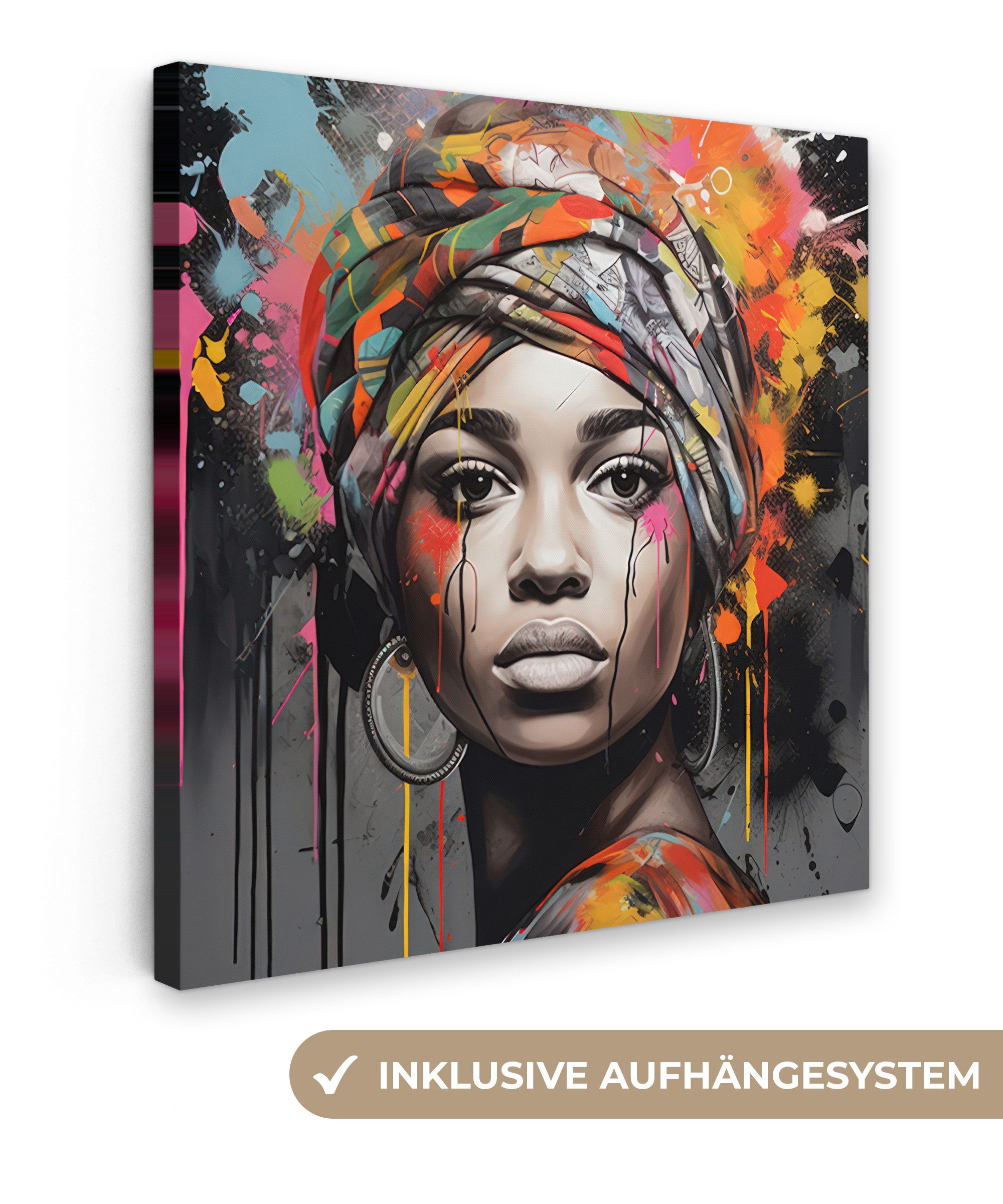Leinwandbild Frau - Kopftuch - Graffiti - Schwarz